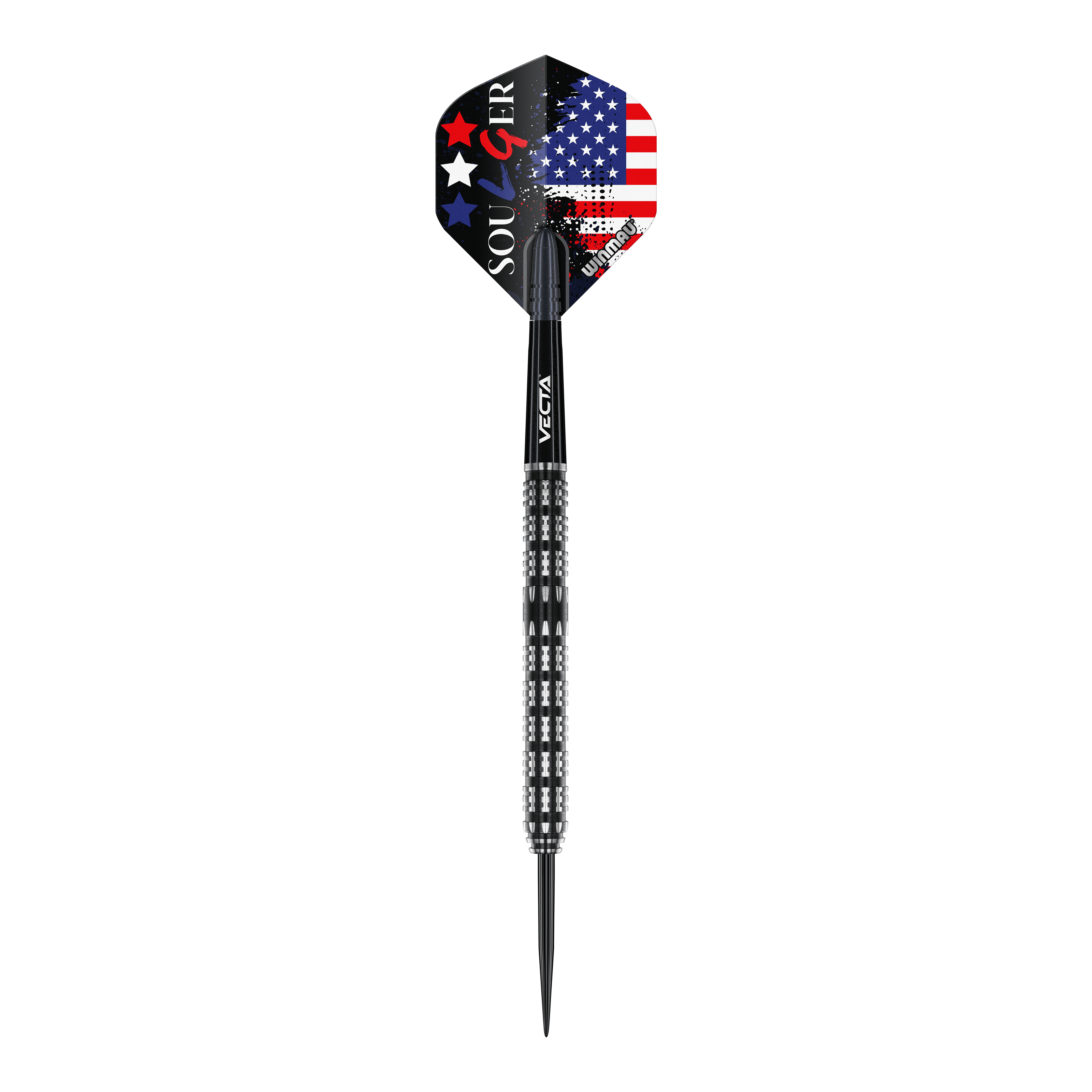 Der Winmau Leonard Gates Steeldart hat ein schwarzes, silbernes Design mit Rillen am Griff. Die Dartflights sind mit einer amerikanischen Flagge und bunten Sternen verziert.