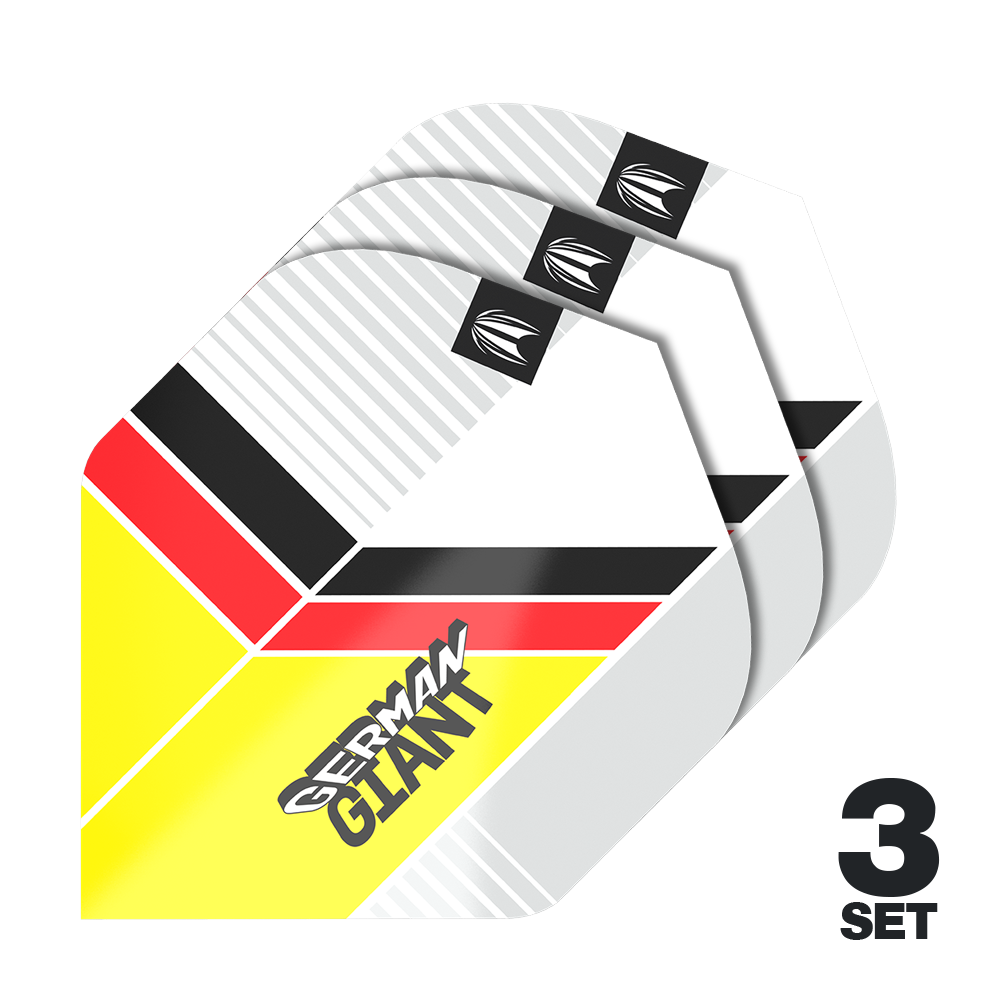 Das Bild zeigt drei Sätze der "Target Pro Ultra Gabriel Clemens No2 Standard Flights". Die Flights sind im Design der deutschen Flagge gehalten und tragen den Schriftzug "German Giant".