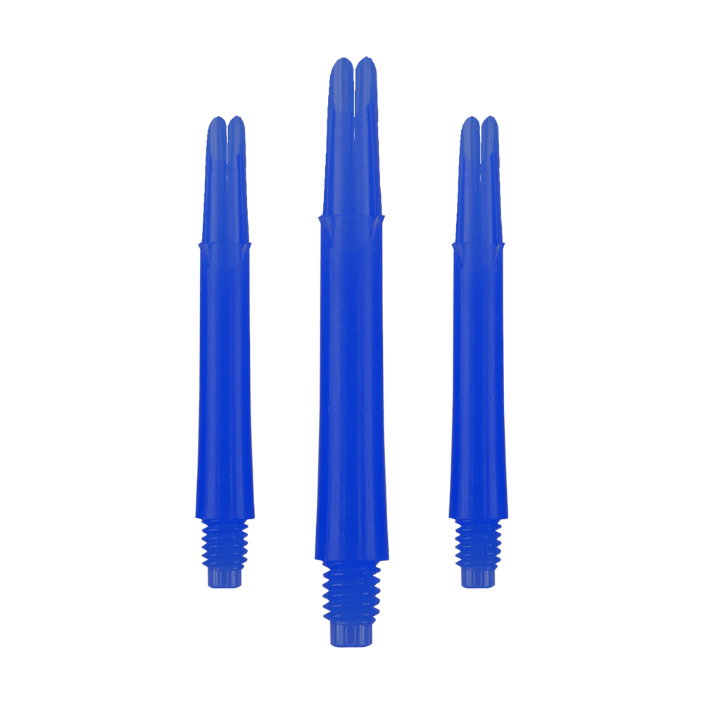 L-Style L-Shafts Locked Straight - Blue 260 Auf dem Bild sind drei blaue, gerade Dartschäfte zu sehen. Sie haben ein Schraubgewinde am unteren Ende und sind in einer Reihe angeordnet.