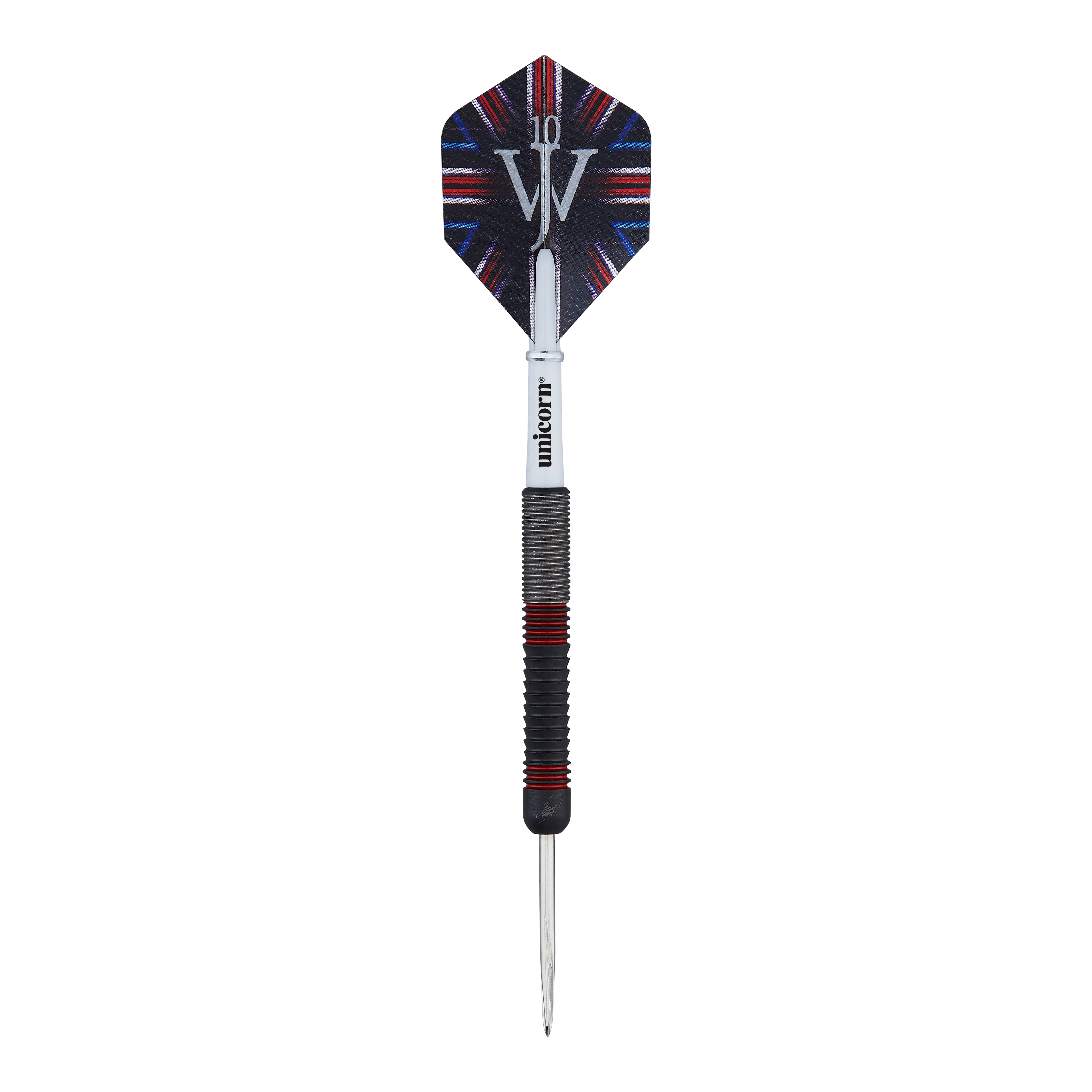 Das Bild zeigt einen Steeldart-Pfeil des Modells "Unicorn The Machine James Wade 80%". Der Dart hat einen schwarzen Schaft mit roten Akzenten und eine Flights mit dem Aufdruck "JW".