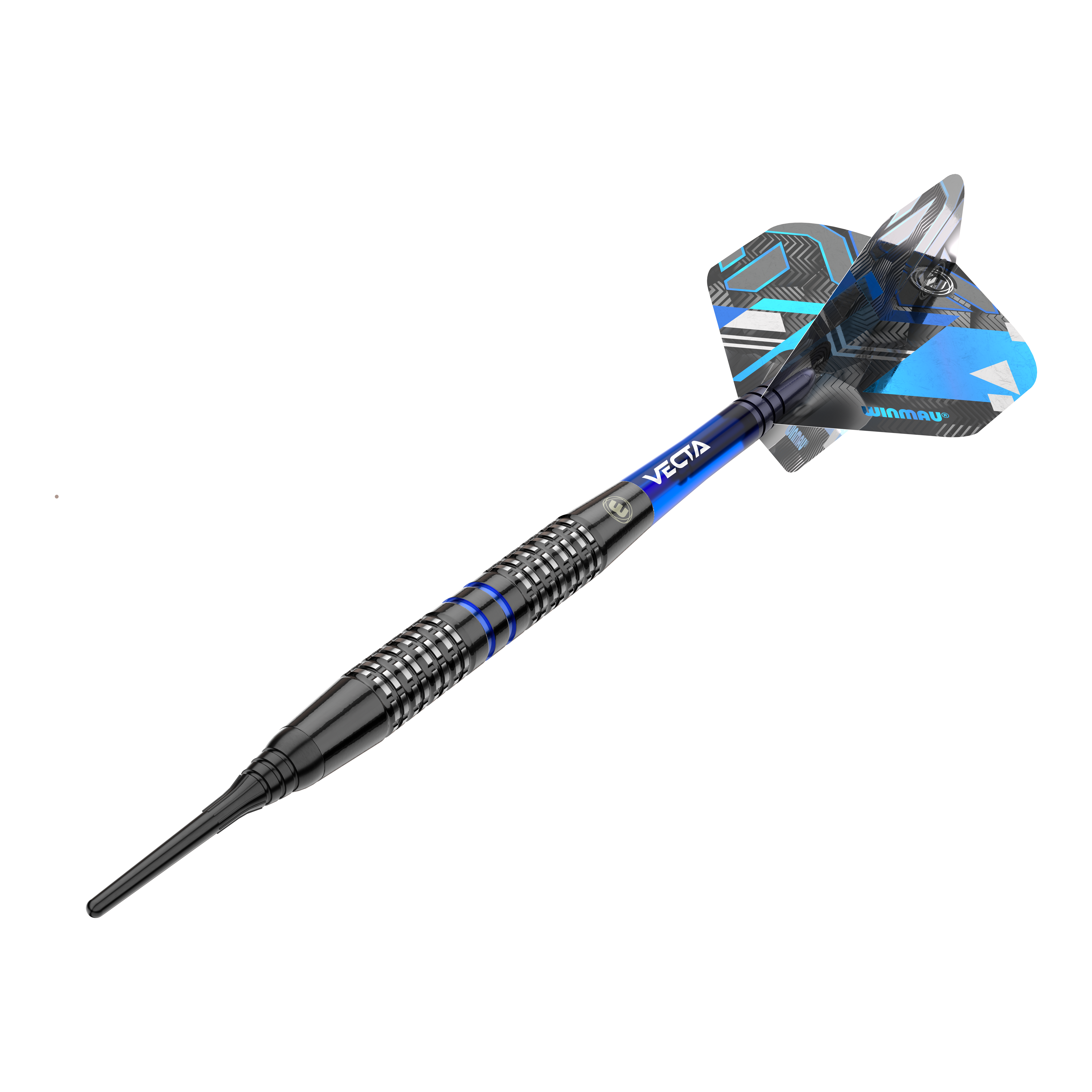Winmau Galactics Softdarts - 20g Das Bild zeigt einen Winmau Galactics Softdart mit einem Gewicht von 20 Gramm. Der Dart ist überwiegend schwarz mit blauen Akzenten und verfügt über ein modernes Design.