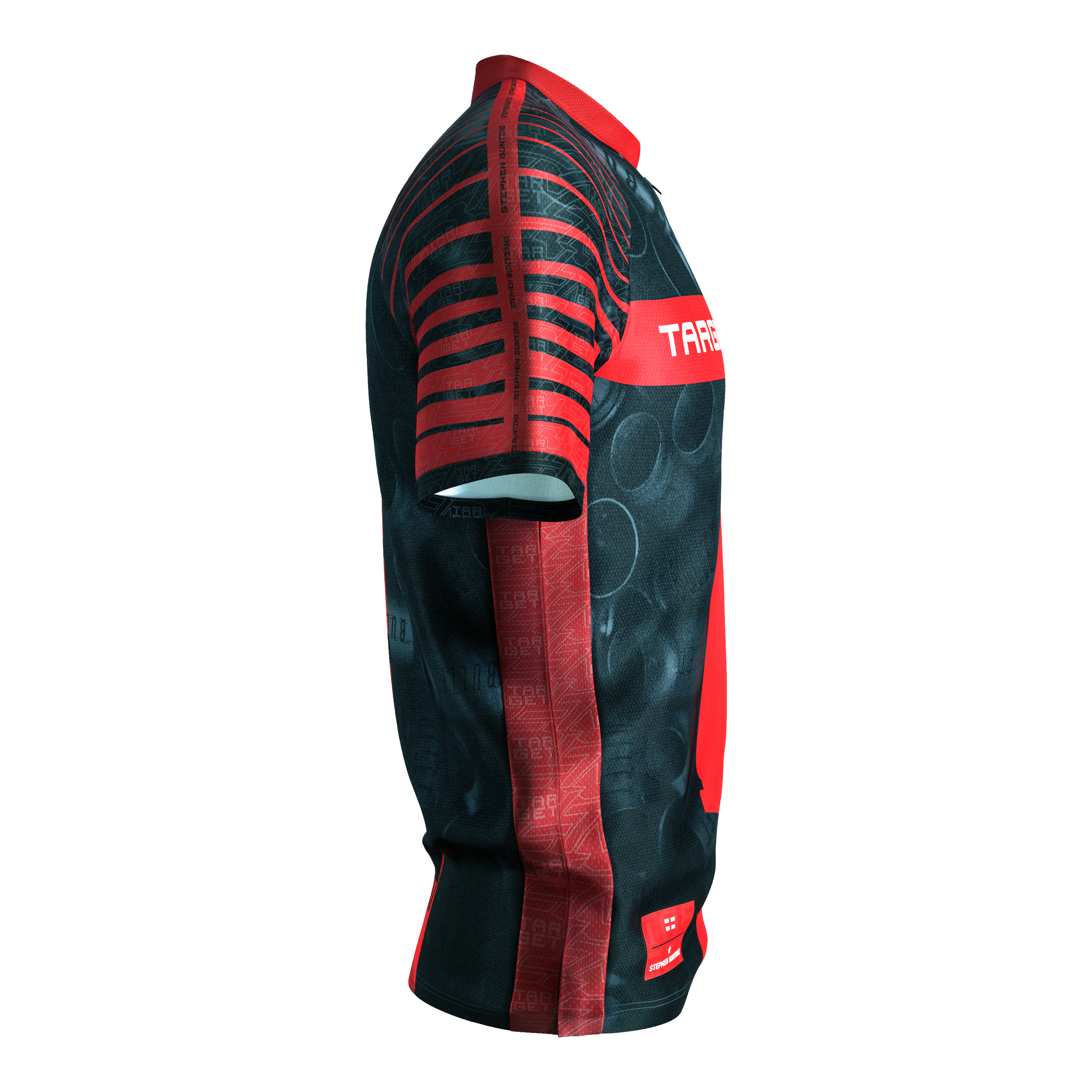 Target Coolplay Stephen Bunting 2025 Dartshirt Das Bild zeigt das "Target Coolplay Stephen Bunting 2025 Dartshirt" aus seitlicher Perspektive. Das Shirt ist überwiegend schwarz mit auffälligen roten Streifen und Mustern.
