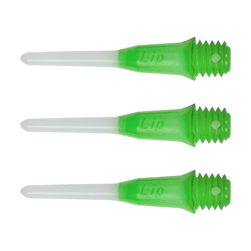 LIP35_L-Style_Two_Tone_Short_Lippoints_Green_-30er_Pack-_1 Das Bild zeigt drei grün-weiße Kunststoffspitzen mit Gewinde. Es handelt sich um L-Style Two Tone Short Lippoints für Softdarts.