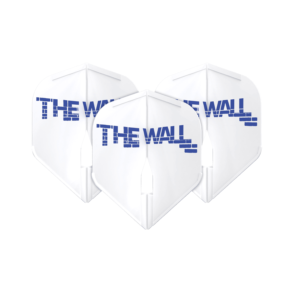 Das Bild zeigt drei weiße Dartflights mit der Aufschrift "THE WALL" in blauer Schrift. Die Flights sind das Modell "L-Style Martin Schindler Weiß L1PRO".