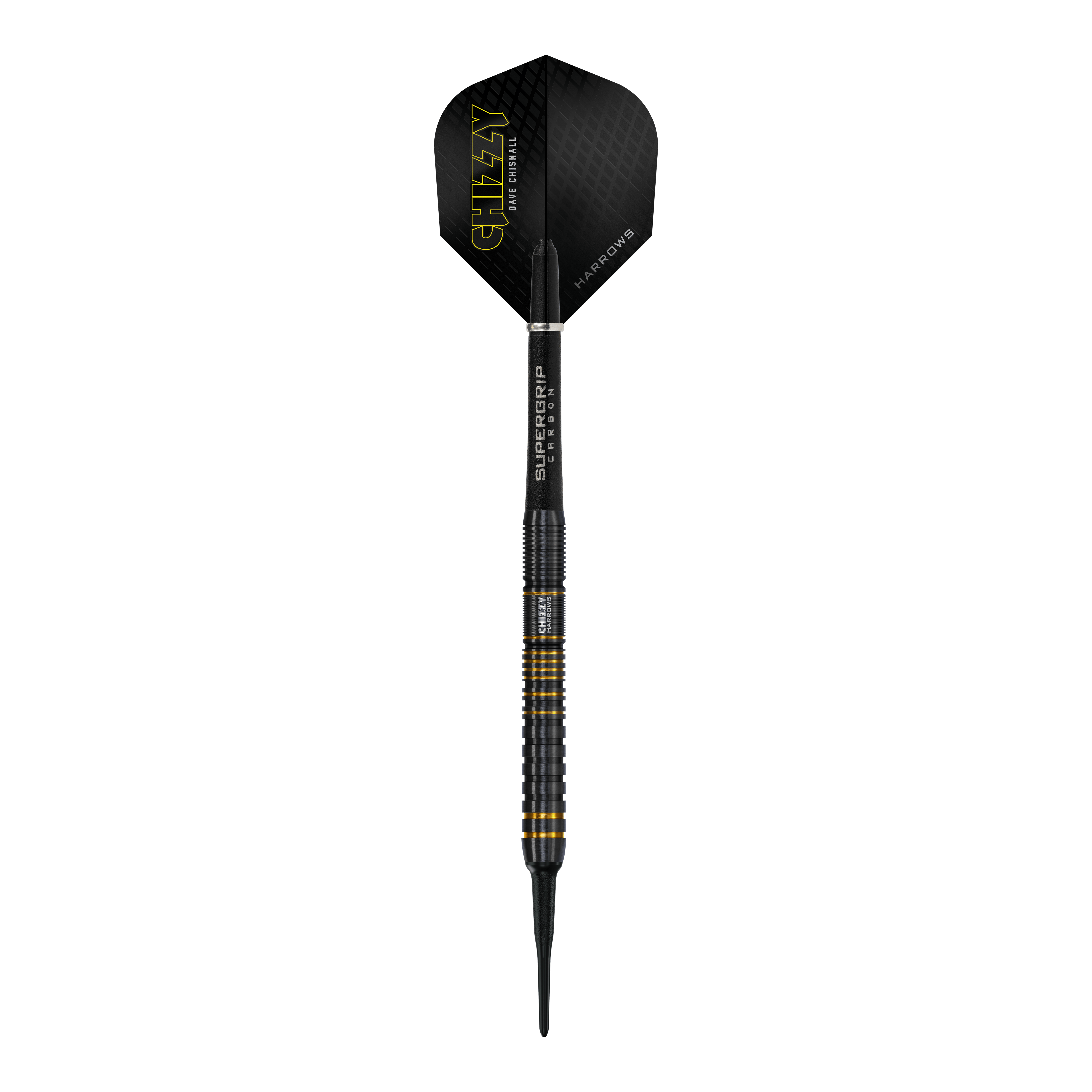 Harrows Dave Chisnall Chizzy Series 3 Softdarts Dieses Bild zeigt einen Harrows Dave Chisnall Chizzy Series 3 Softdart. Der Dartpfeil ist schwarz mit gelben Akzenten und trägt den Schriftzug "CHIZZY" auf dem Flight.