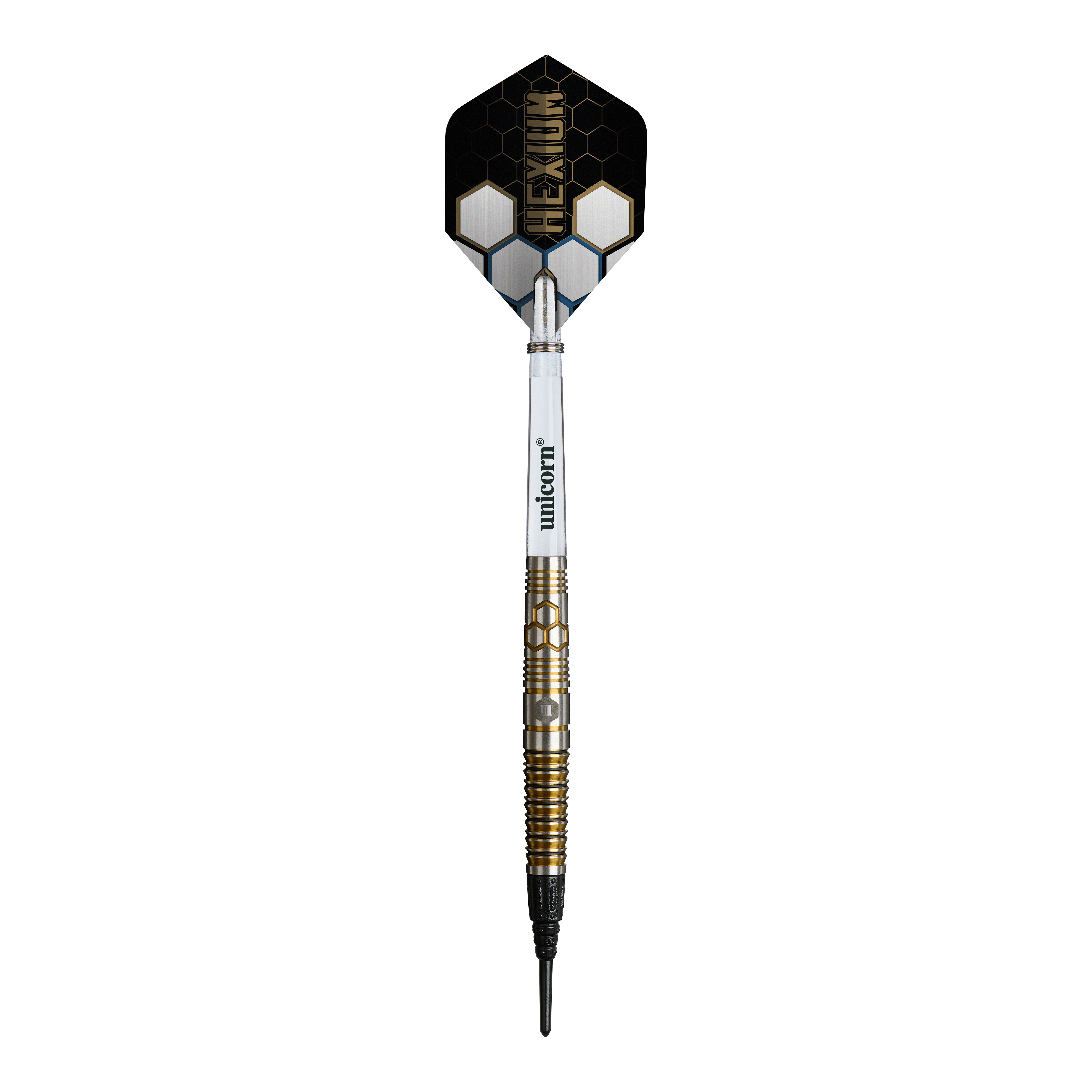 Unicorn Hexium Style 03 Gold & Black Softdarts - 23g Das Bild zeigt die Unicorn Hexium Style 03 Gold & Black Softdarts mit 23g Gewicht. Die Darts sind in den Farben Gold und Schwarz gestaltet.