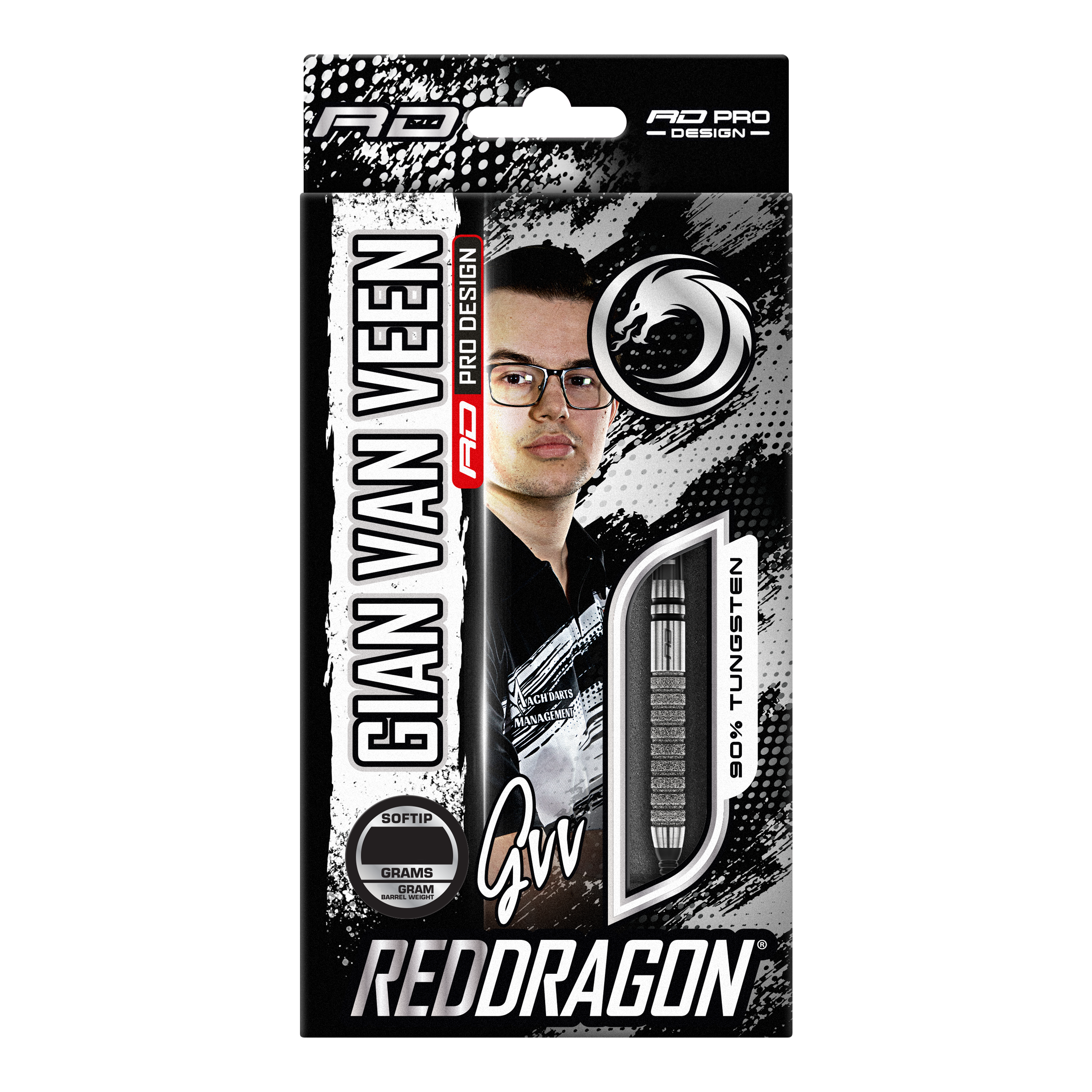 Auf dem Bild ist die Verpackung der "Red Dragon Gian Van Veen Tour Edition Softdarts - 20g" zu sehen. Die Packung zeigt ein Porträt von Gian Van Veen und ein Sichtfenster mit einem Dartpfeil.