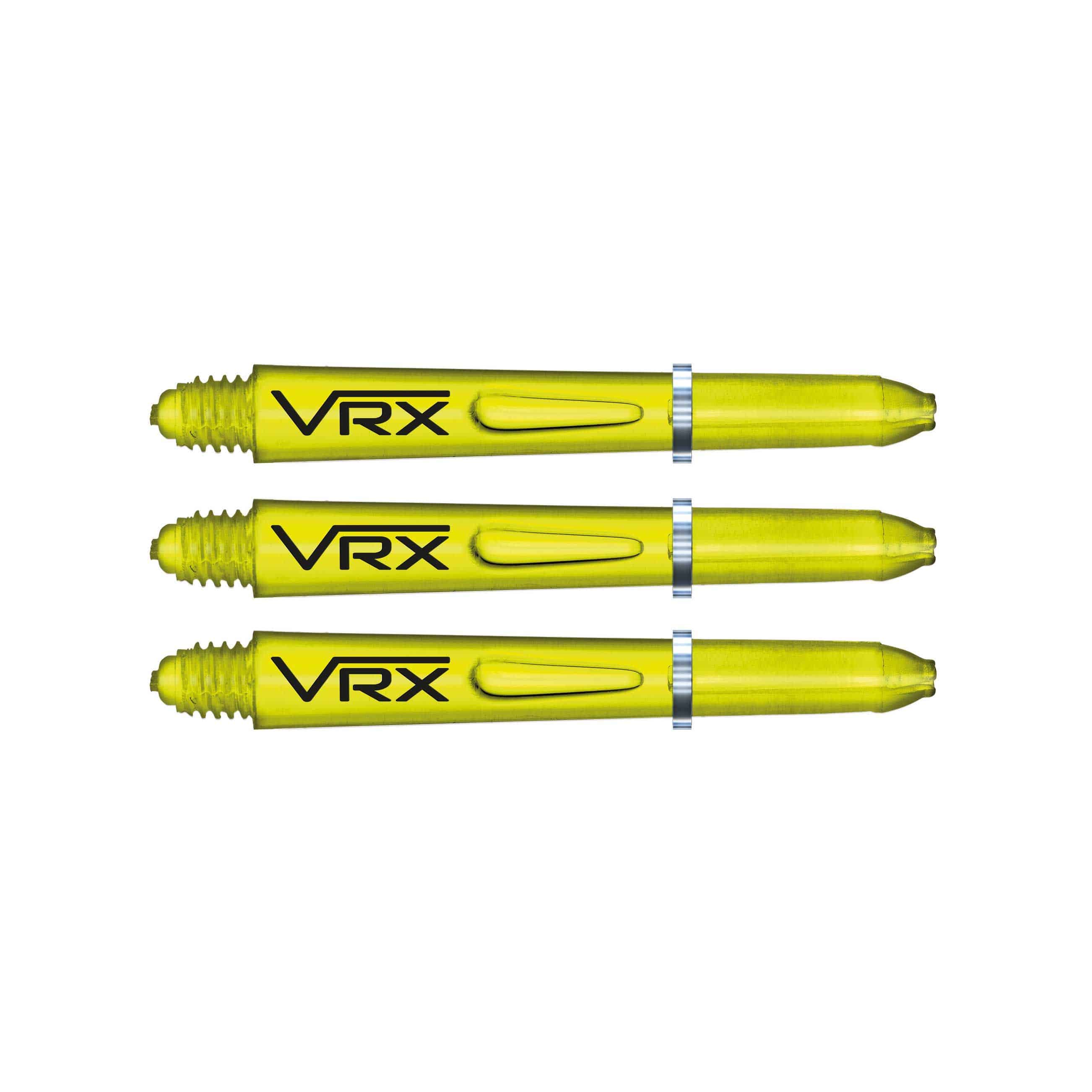 Das Bild zeigt drei gelbe RedDragon VRX Shafts, die nebeneinander angeordnet sind. Auf jedem Shaft steht in schwarzer Schrift "VRX".