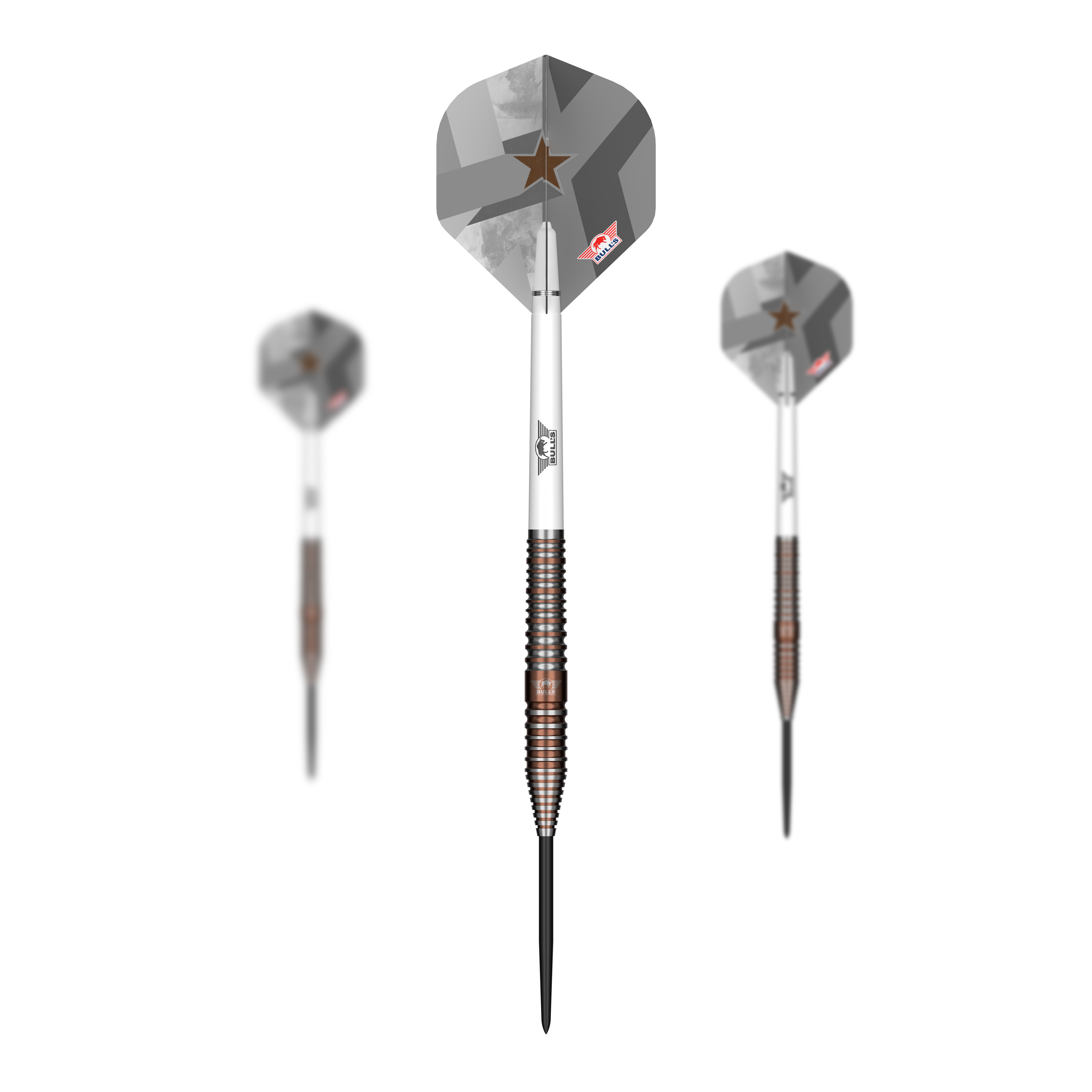 Bulls NL Max Hopp E5 Steeldarts Hier sind Bulls NL Max Hopp E5 Steeldarts als Set dargestellt. Die Pfeile sind speziell für das Steeldartspiel konzipiert.