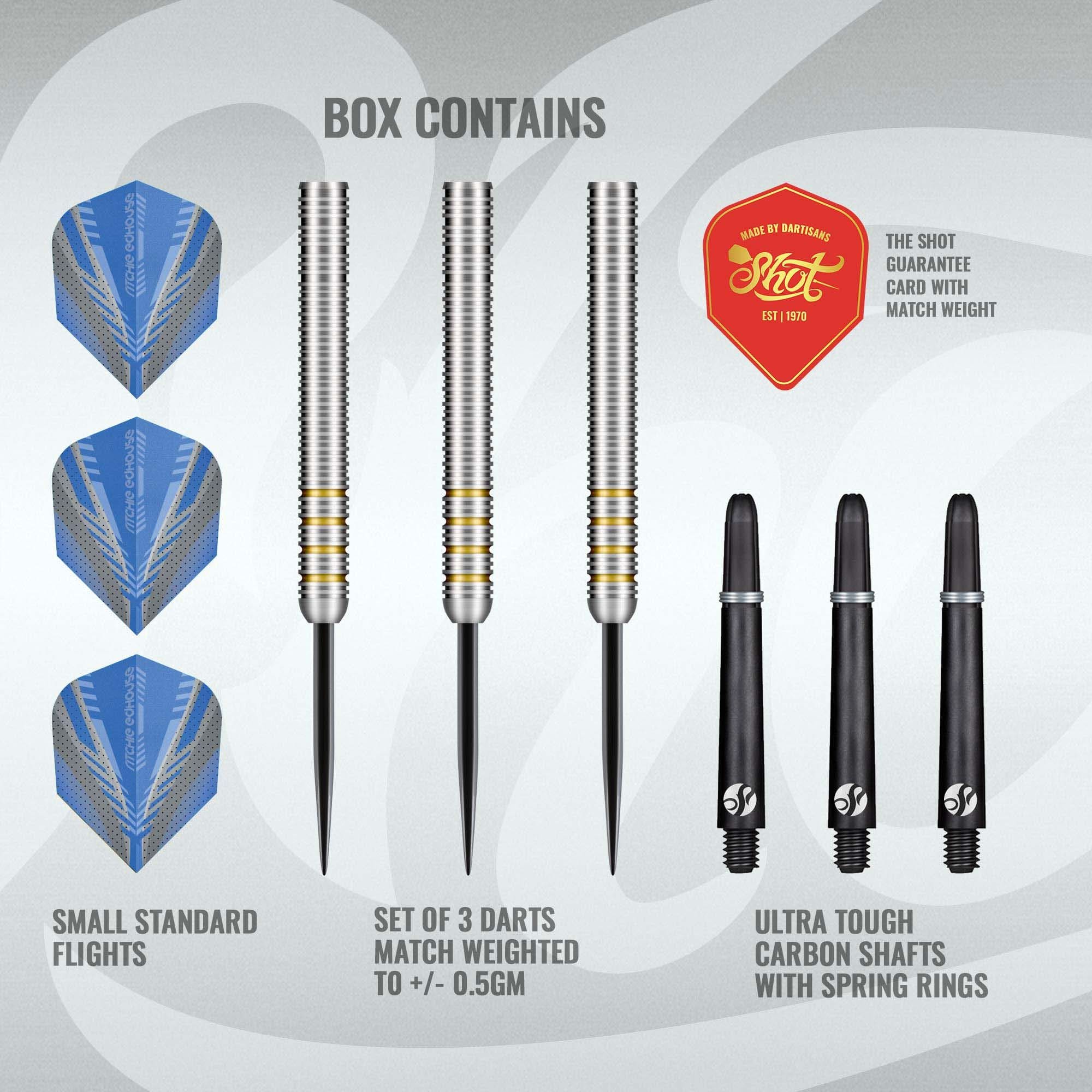 Shot Ritchie Edhouse Core Steeldarts Auf dem Bild sind die Shot Ritchie Edhouse Core Steeldarts zu sehen. Dieses Produkt ist speziell für Dartspieler entwickelt.
