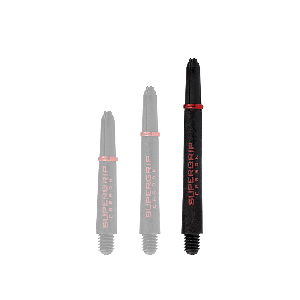 Das Bild zeigt drei schwarze Dartschäfte der Marke Harrows Supergrip Carbon mit roter Aufschrift. Die Schäfte sind in unterschiedlichen Längen dargestellt.