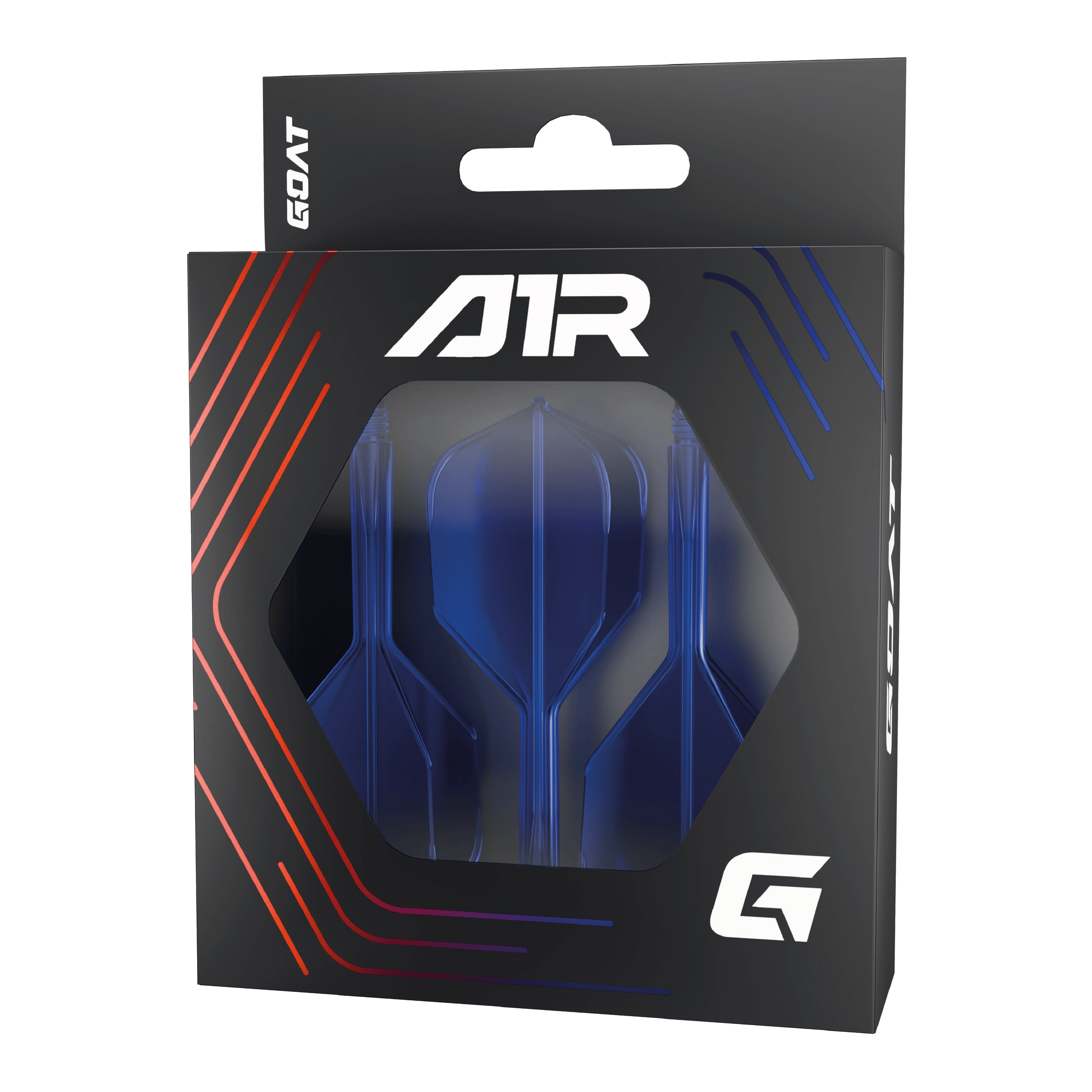 GOAT A1R No6 Flight-Shaft-System - Blau Die Abbildung zeigt das Produkt "GOAT A1R No6 Flight-Shaft-System - Blau" in seiner Verpackung. Im Inneren sind blaue Dart-Flights und -Schäfte sichtbar.