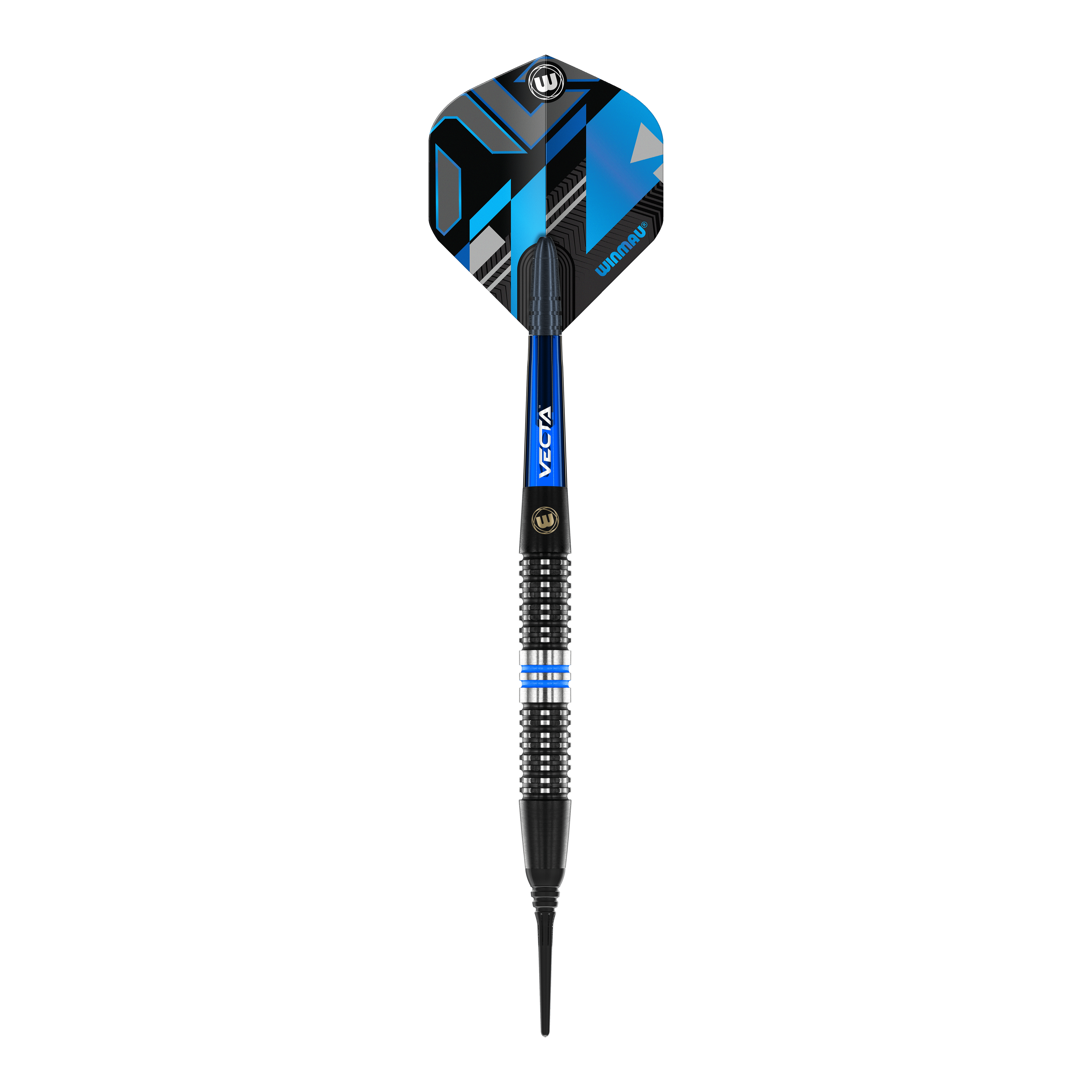 Winmau Galactics Softdarts - 20g Das Bild zeigt einen Winmau Galactics Softdart mit einem Gewicht von 20 Gramm. Der Dart hat schwarze, blaue und silberne Akzente sowie eine moderne, geometrische Flight-Gestaltung.