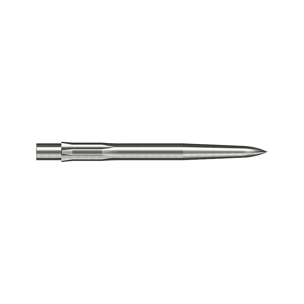 Caliburn System Steeldartspitzen - Smooth - Silber Auf dem Bild ist eine glatte, silberne Stahlspitze für ein Dart zu sehen. Sie ist lang und schmal und misst 28 mm.