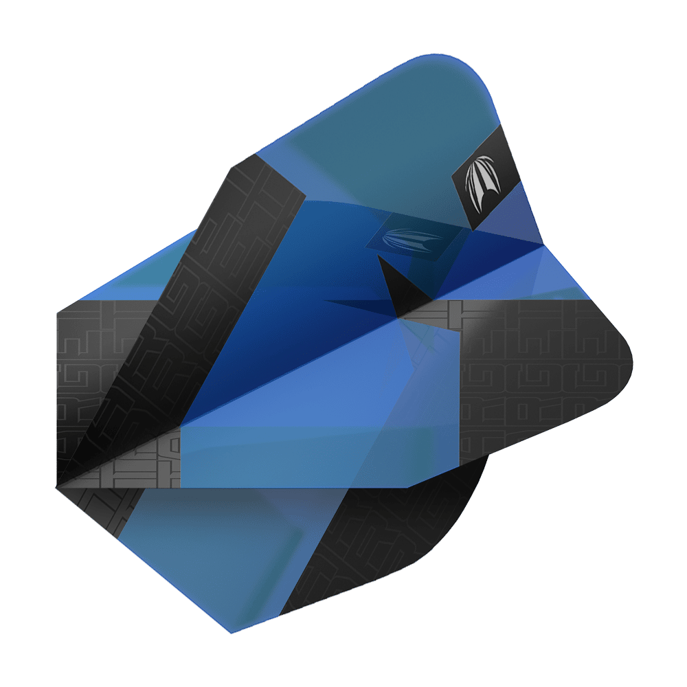 Das Bild zeigt einen blauen Dartflight mit schwarzen Mustern und einem kleinen silbernen Logo. Es handelt sich um das Produkt "Target Pro Ultra TAG Blau Ten-X Standard Flights - 3 Sets".