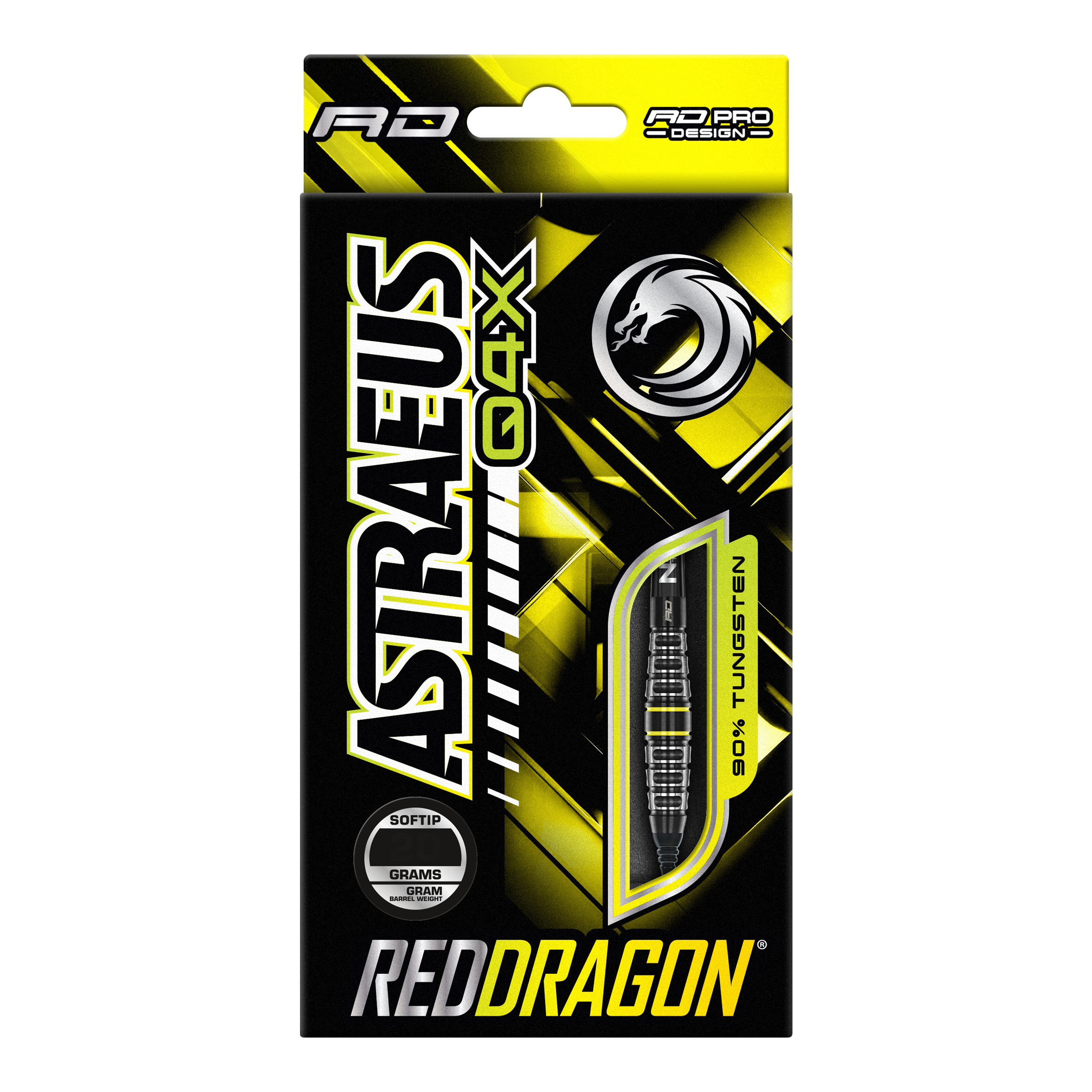 Die Verpackung zeigt die "Red Dragon Astraeus Q4X Torpedo Softdarts" mit einem Gewicht von 20g. Das Design ist in Schwarz und Gelb gehalten und hebt hervor, dass die Darts aus 90% Tungsten bestehen.
