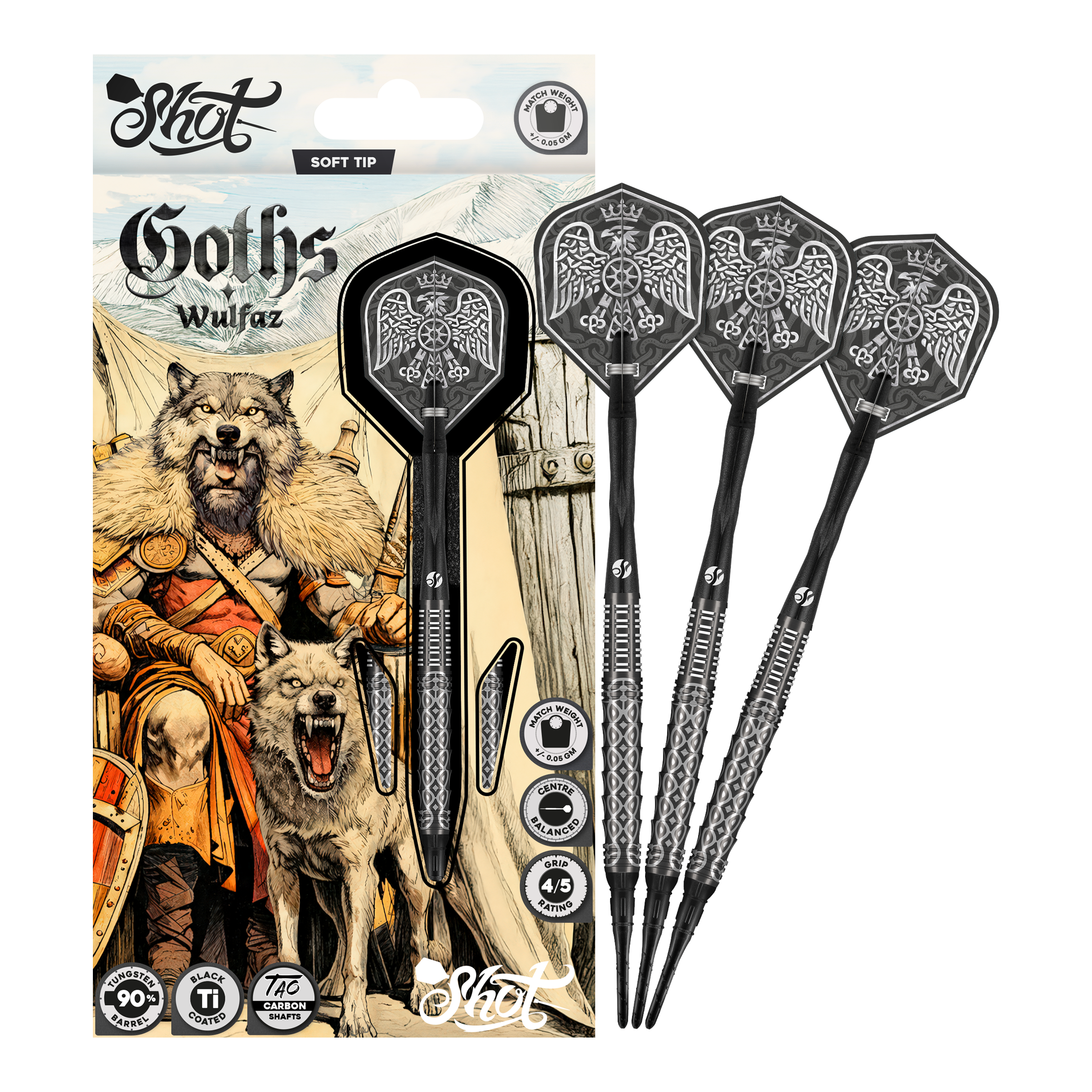 Shot Goths Wulfaz Softdarts - 20g Abgebildet sind die Shot Goths Wulfaz Softdarts - 20g in einer Gesamtansicht. Sie sind perfekt für Softdartspieler geeignet.