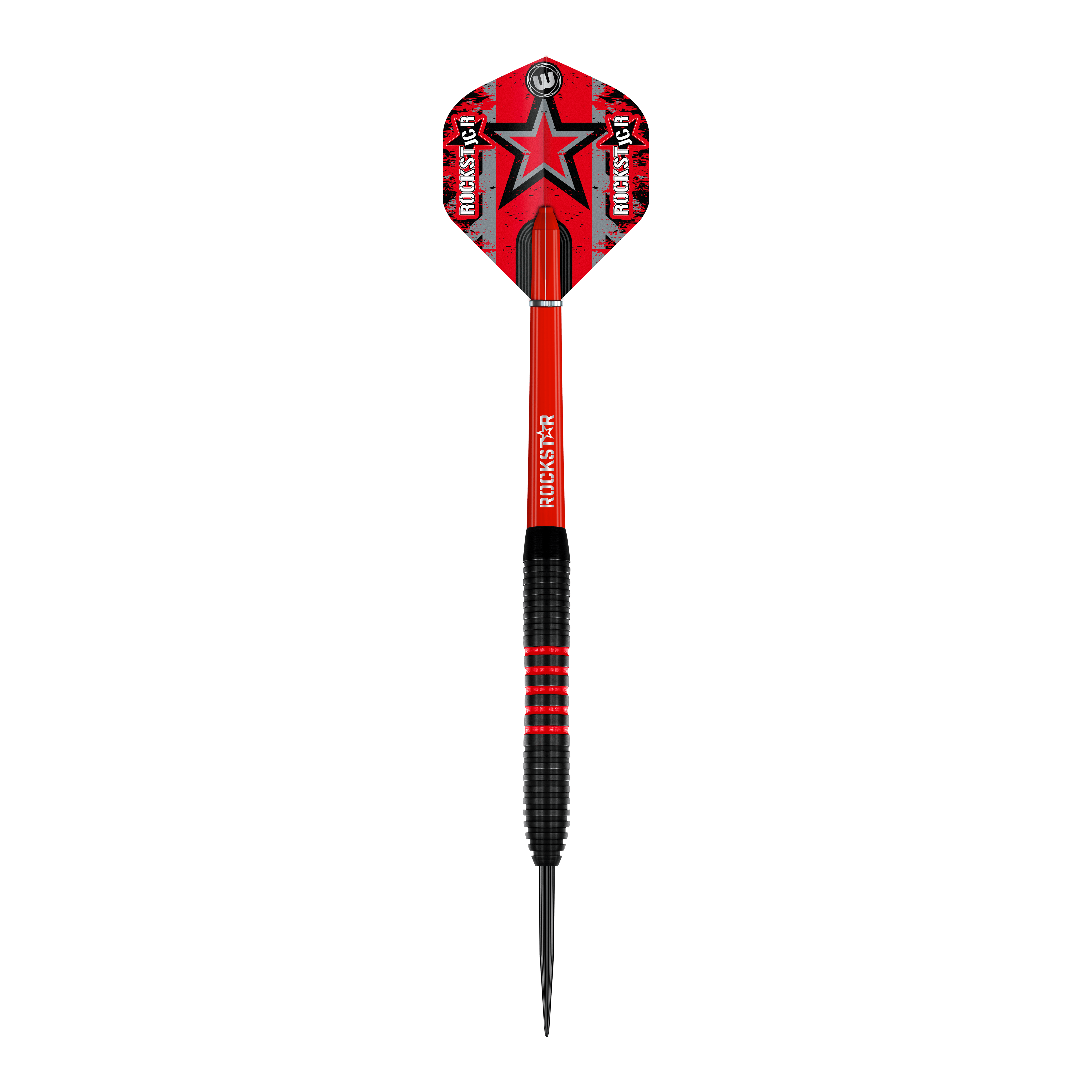 Winmau Joe Cullen Brass Steeldarts - 20g Das Bild zeigt einen Winmau Joe Cullen Brass Steeldart mit einem Gewicht von 20g. Der Dart ist überwiegend rot und schwarz gestaltet und trägt die Aufschrift "Rockstar" auf dem Schaft und dem Flight.