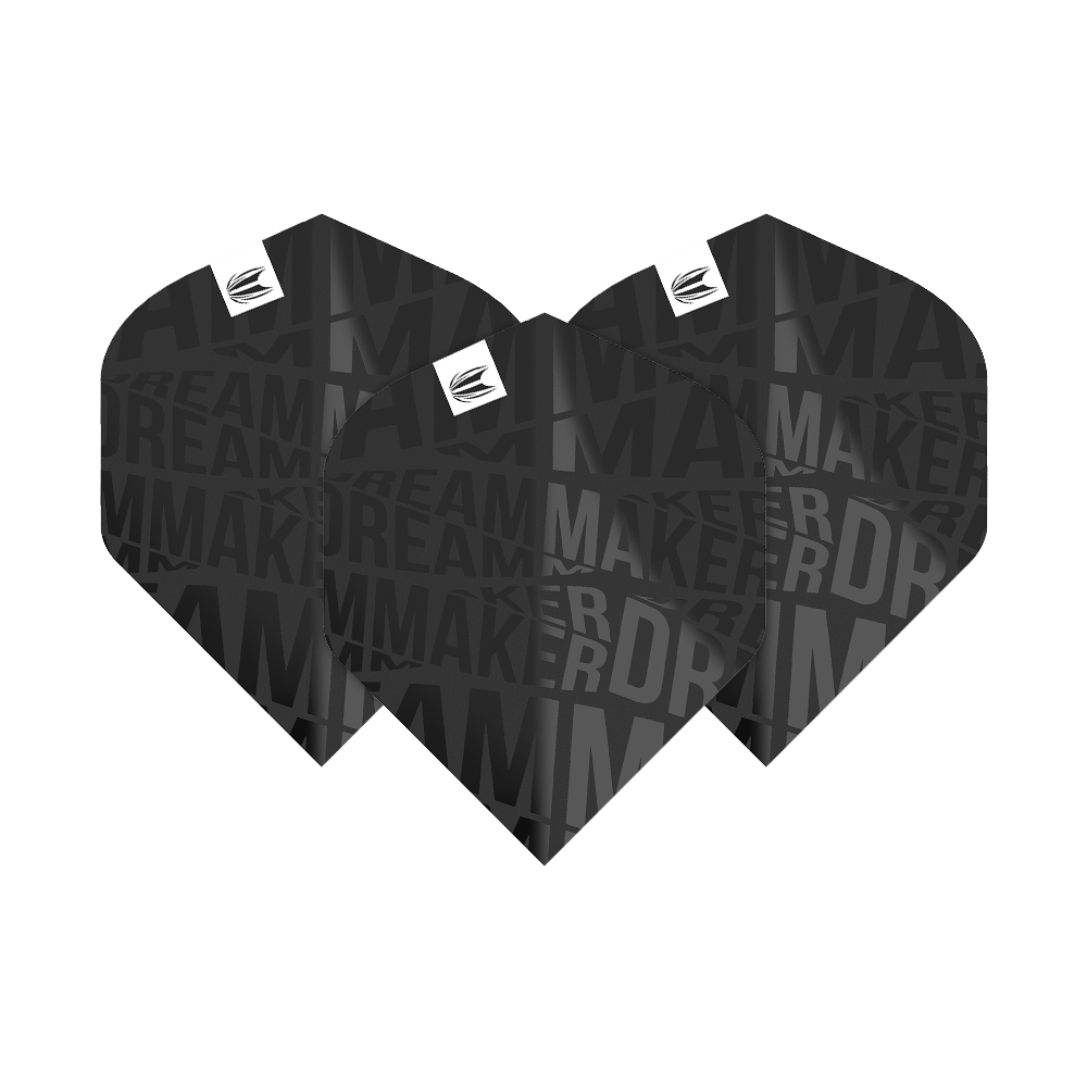 Das Bild zeigt drei schwarze Dart-Flights mit dem Schriftzug "Dream Maker" in verschiedenem Schwarzton. Es handelt sich um das Produkt "Target Pro Ultra Dimitri Van Den Bergh Black No2 Standard Flights".