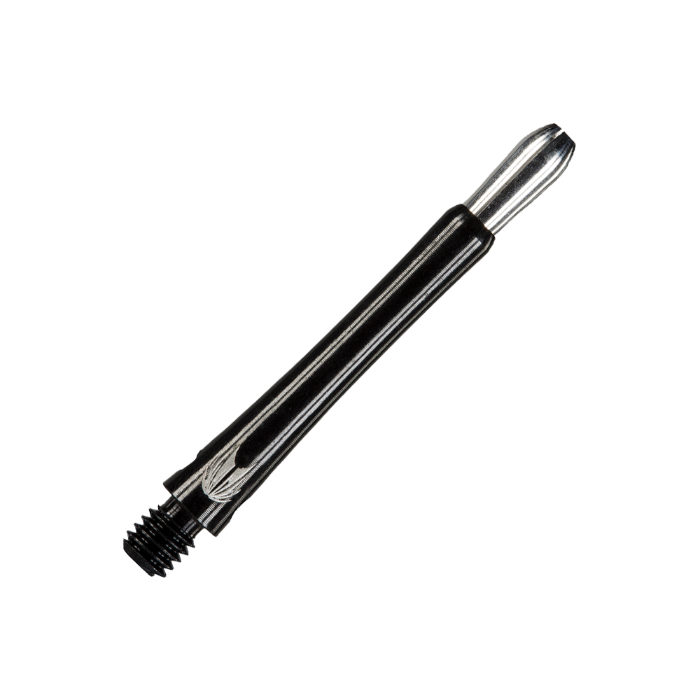 Das Bild zeigt einen schwarzen Aluminium-Dartshaft mit Gewinde. Er ist schmal und hat ein glänzendes Finish.