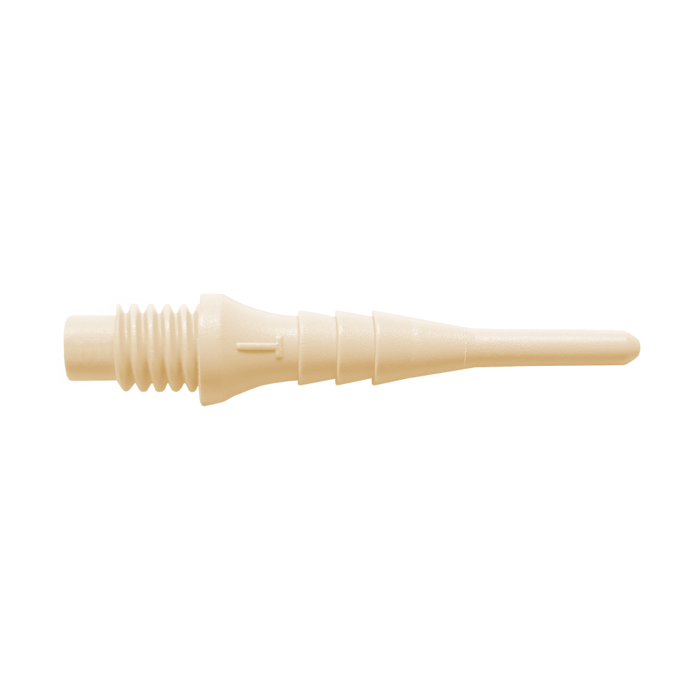 Bulls_Tefo-X_Softdartspitzen_Naturweiss_1IX8aFCAEkjqTH Das Bild zeigt eine einzelne, cremefarbene Dartspitze aus Kunststoff. Es handelt sich um eine Bulls Tefo-X Shark Point, wie sie im 100er Pack verkauft wird.