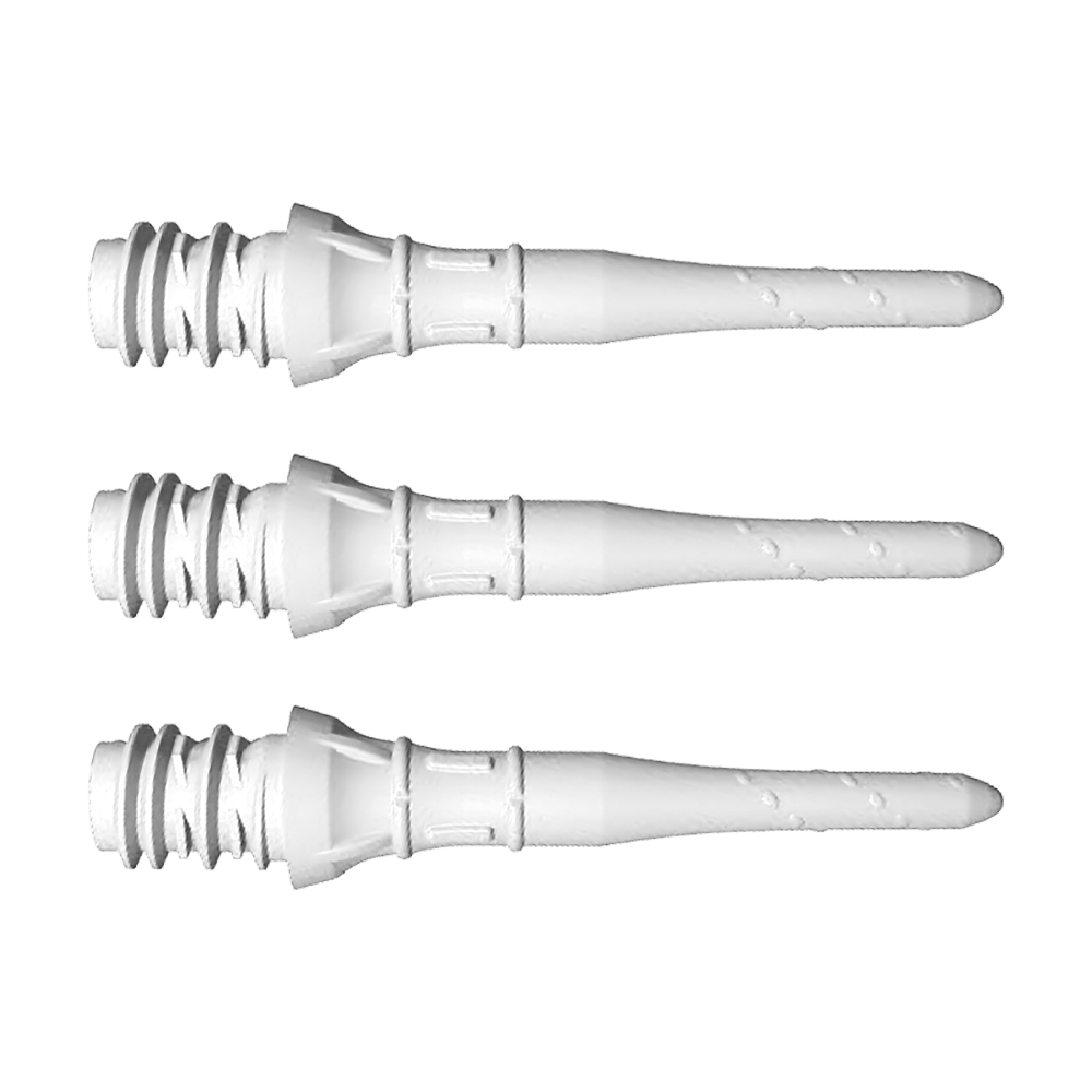 LIP38_L-Style_Premium_Lippoints_Short_Weiss_1 Das Bild zeigt drei kurze, weiße Spitzen aus Kunststoff, die nebeneinander liegen. Sie haben ein geriffeltes Gewinde am einen Ende und sind zur anderen Seite hin schmal zulaufend.