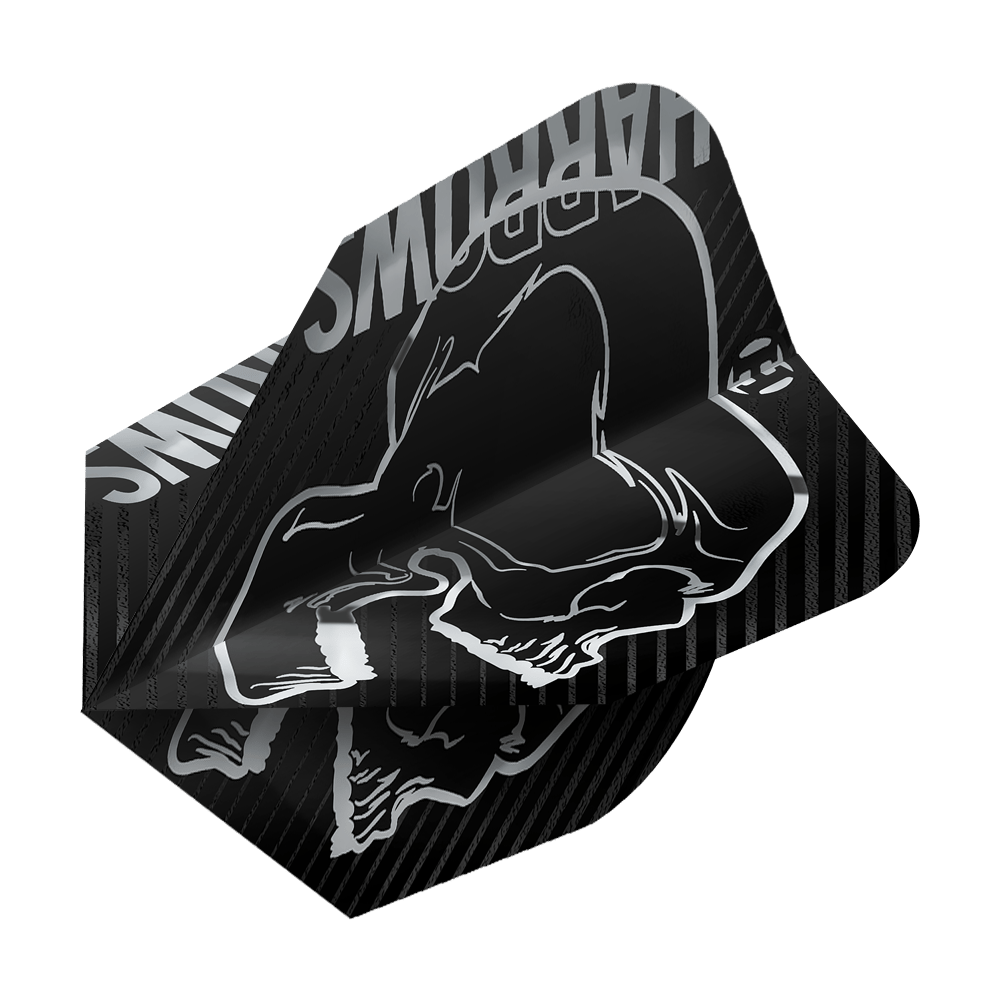 Das Bild zeigt ein schwarzes Dartflight mit einem silbernen Totenkopf-Design. Oben ist der Schriftzug "HARROWS" in Silber zu sehen.