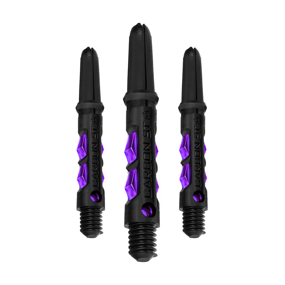 HR425_Harrows_Carbon_ST_Shafts_Lila_33mm_1 Das Bild zeigt drei Harrows Carbon ST Shafts in der Farbe Lila. Die Shafts sind schwarz mit auffälligen lilafarbenen Details.