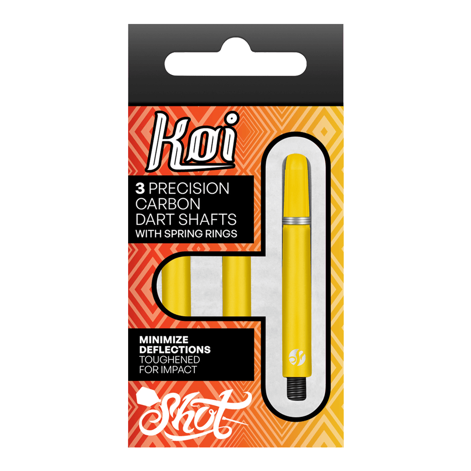 Shot Koi Carbon Shafts - Gelb Das Bild zeigt eine Packung mit drei gelben Präzisions-Carbon-Dartschäften der Marke Koi. Die Verpackung betont, dass die Schäfte mit Federringen ausgestattet sind und dazu dienen, Ablenkungen zu minimieren.