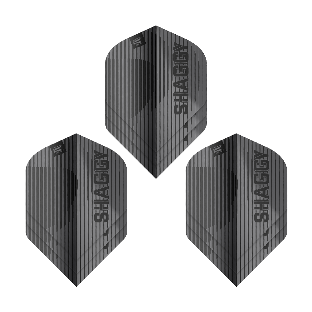 Das Bild zeigt drei schwarze Dart-Flights mit vertikalem Streifenmuster und dem Schriftzug "SHAGGY". Es handelt sich um das Produkt "Target Pro Ultra Scott Williams Black No2 Standard Flights - 3 Sets".