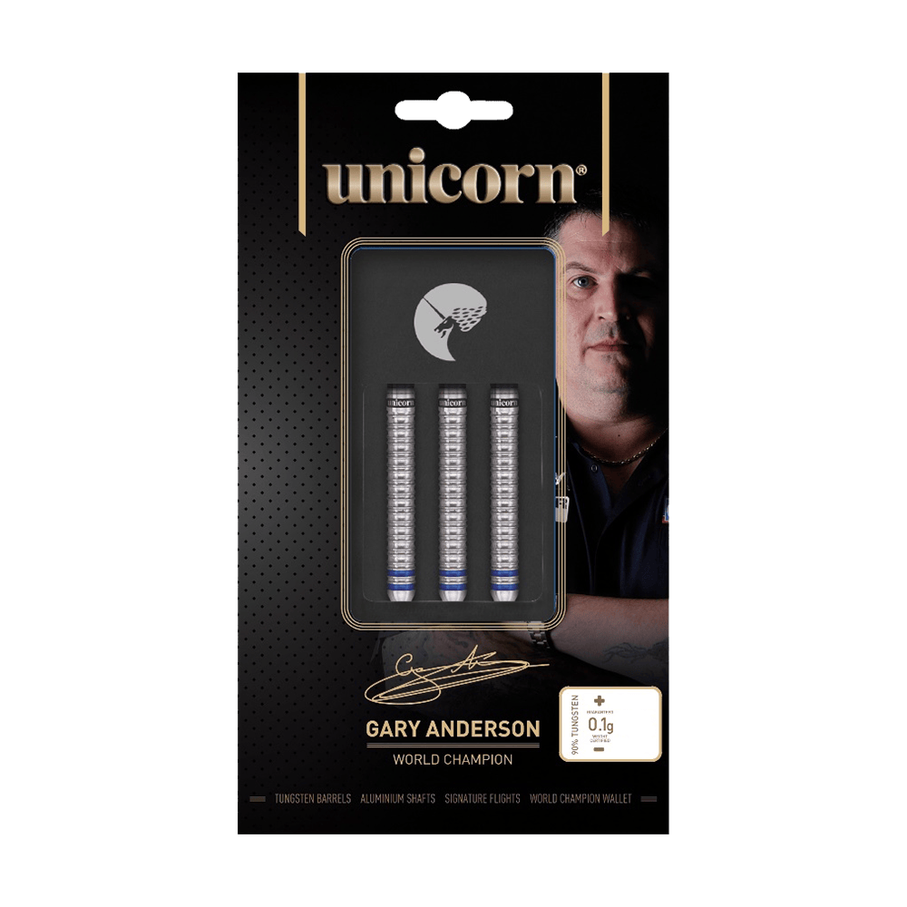 Das Bild zeigt die Verpackung der "Unicorn World Champion Gary Anderson Phase 3 Steeldarts". In der Mitte sind drei Dart-Barrels zu sehen, daneben ist ein Bild von Gary Anderson abgebildet.