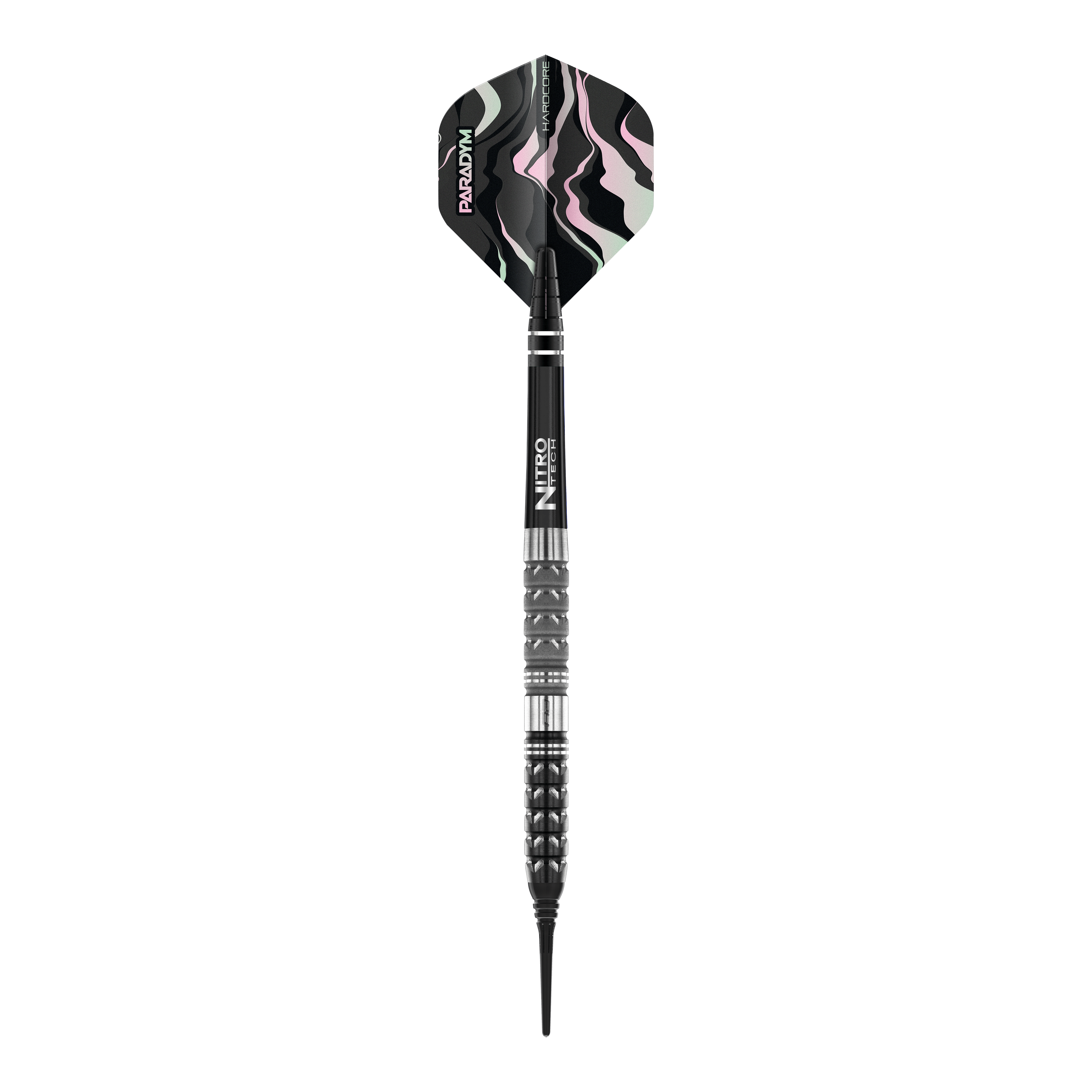 Red Dragon Paradym Tapered Softdarts - 20g Das Bild zeigt einen Red Dragon Paradym Tapered Softdart mit 20g Gewicht. Der Dart hat ein modernes, schwarzes Design mit Details in Silber und einem gemusterten Flight.