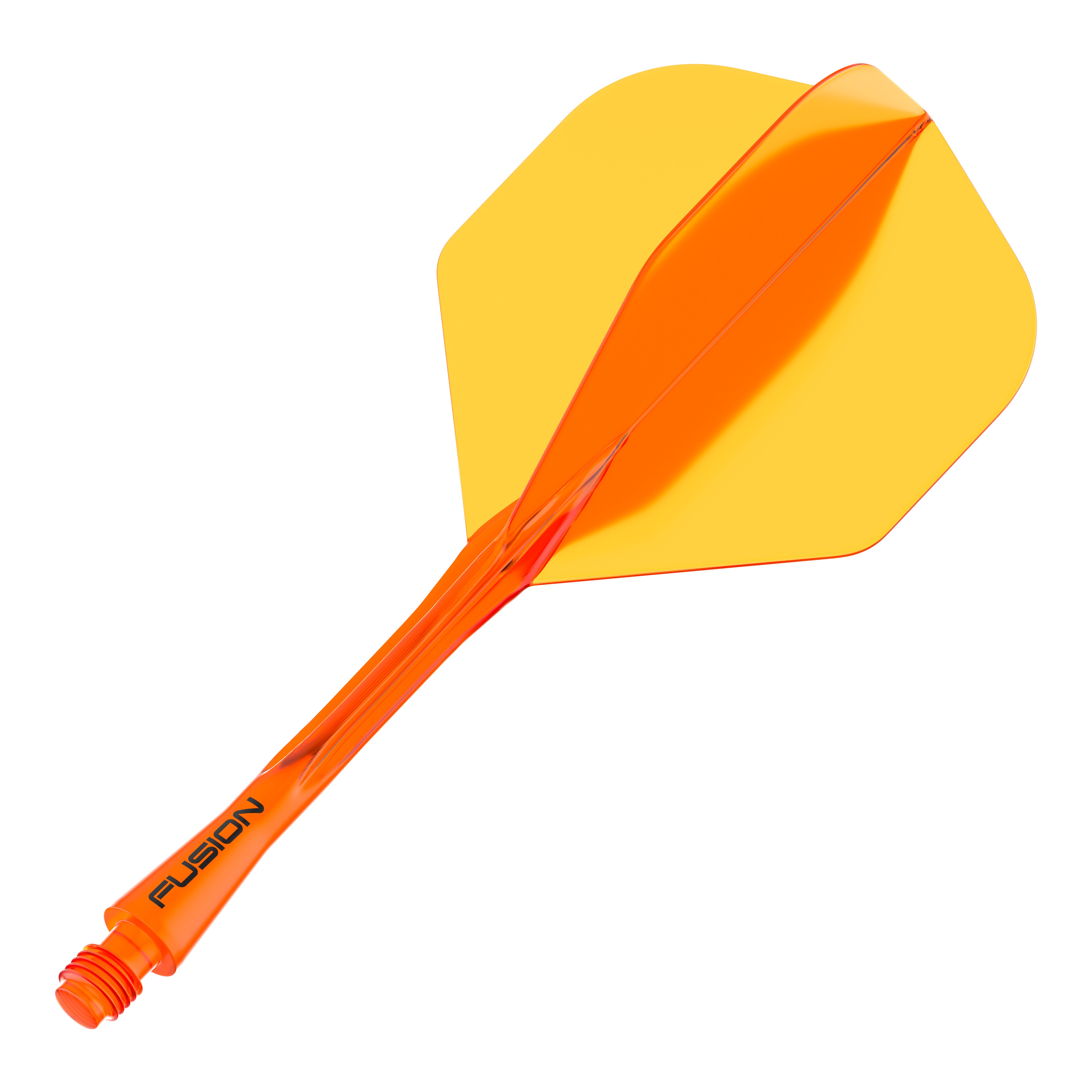 Das Bild zeigt ein orange-gelbes Dartshaft- und Flight-System. Auf dem Schaft steht das Wort "Fusion" geschrieben.