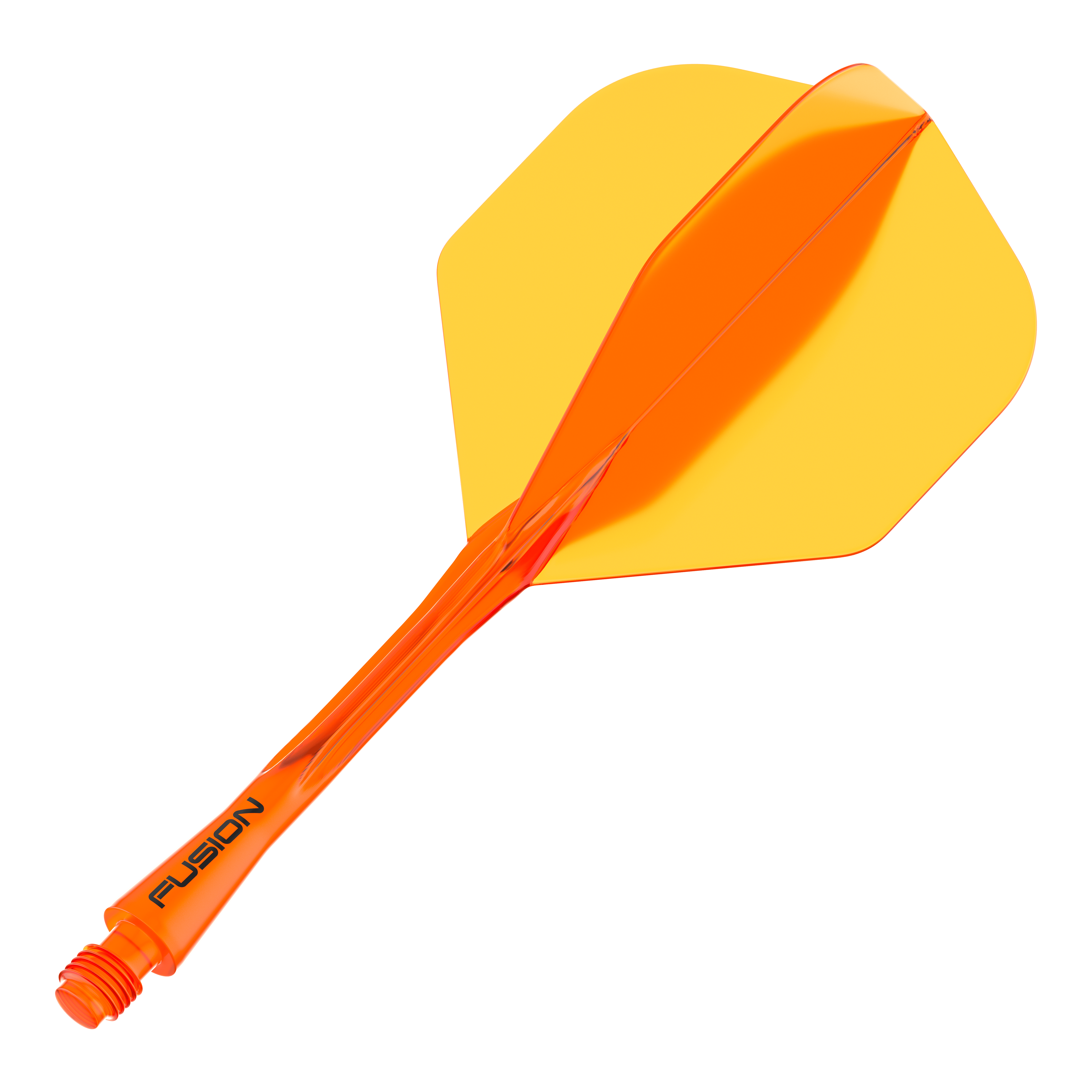 Winmau Fusion Flight Shaft System Standard Orange Das Bild zeigt ein orange-gelbes Dartshaft- und Flight-System. Auf dem Schaft steht das Wort "Fusion" geschrieben.