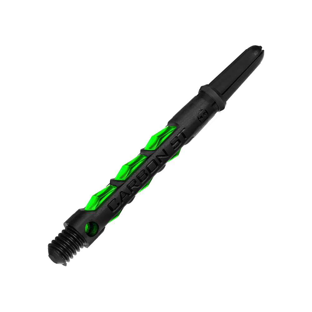 HR424_Harrows_Carbon_ST_Shafts_Gr-n_47mm_2 Das Bild zeigt einen Harrows Carbon ST Shaft in der Farbe Grün. Der Schaft besteht aus schwarzem Material mit grünen Akzenten und der Aufschrift "CARBON ST".