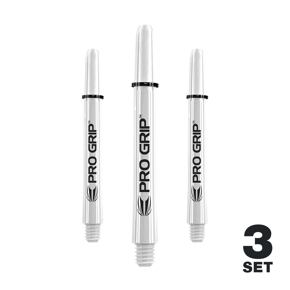 Target Pro Grip Shafts - 3 Sets - Weiß Das Bild zeigt drei weiße Dartschäfte mit der Aufschrift "PRO GRIP". In der unteren rechten Ecke steht "3 SET".