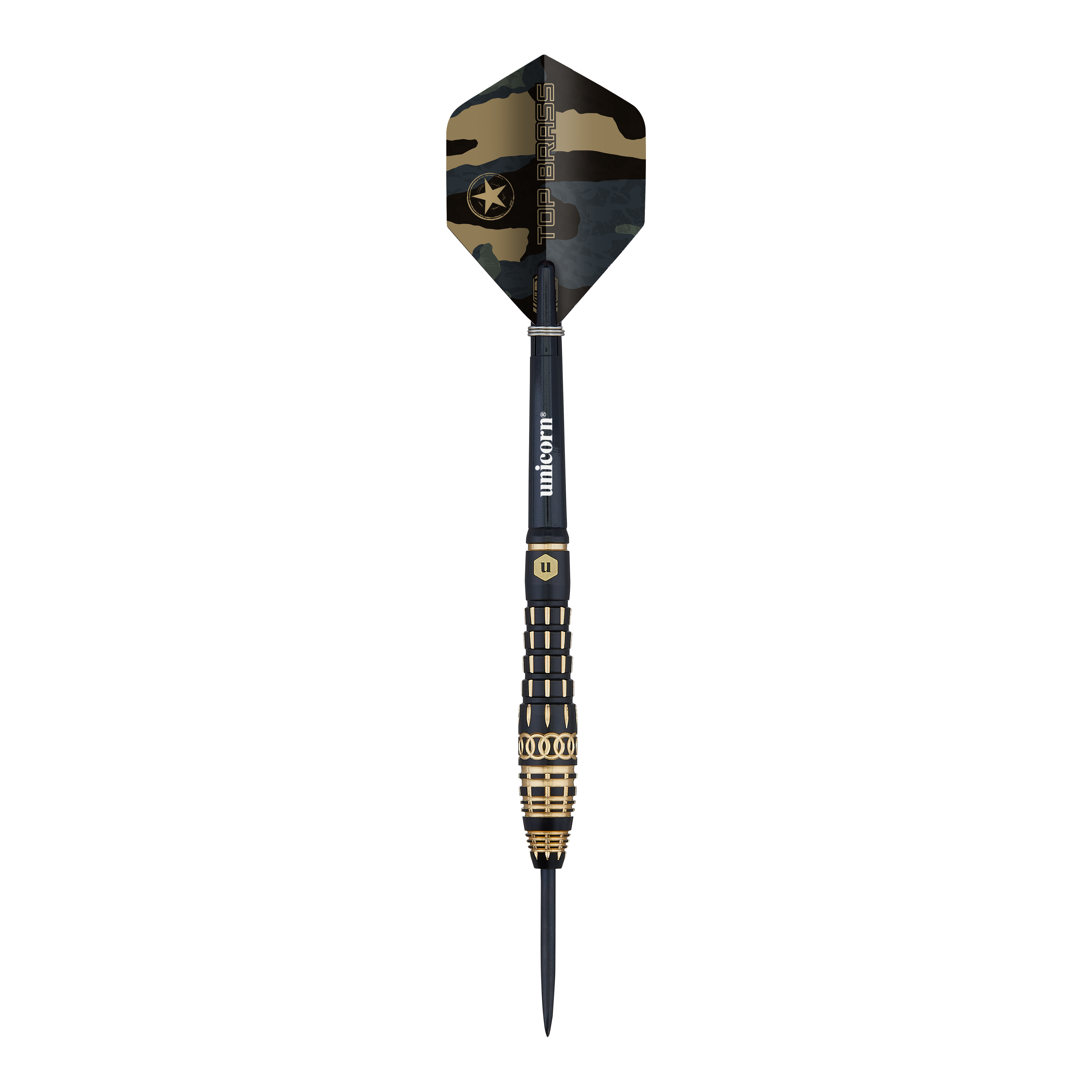 Das Bild zeigt einen Unicorn Top Brass V4 Steeldart mit einem Gewicht von 20 Gramm. Der Dart hat ein schwarzes und goldenes Design mit einem Tarnmuster am Flight.