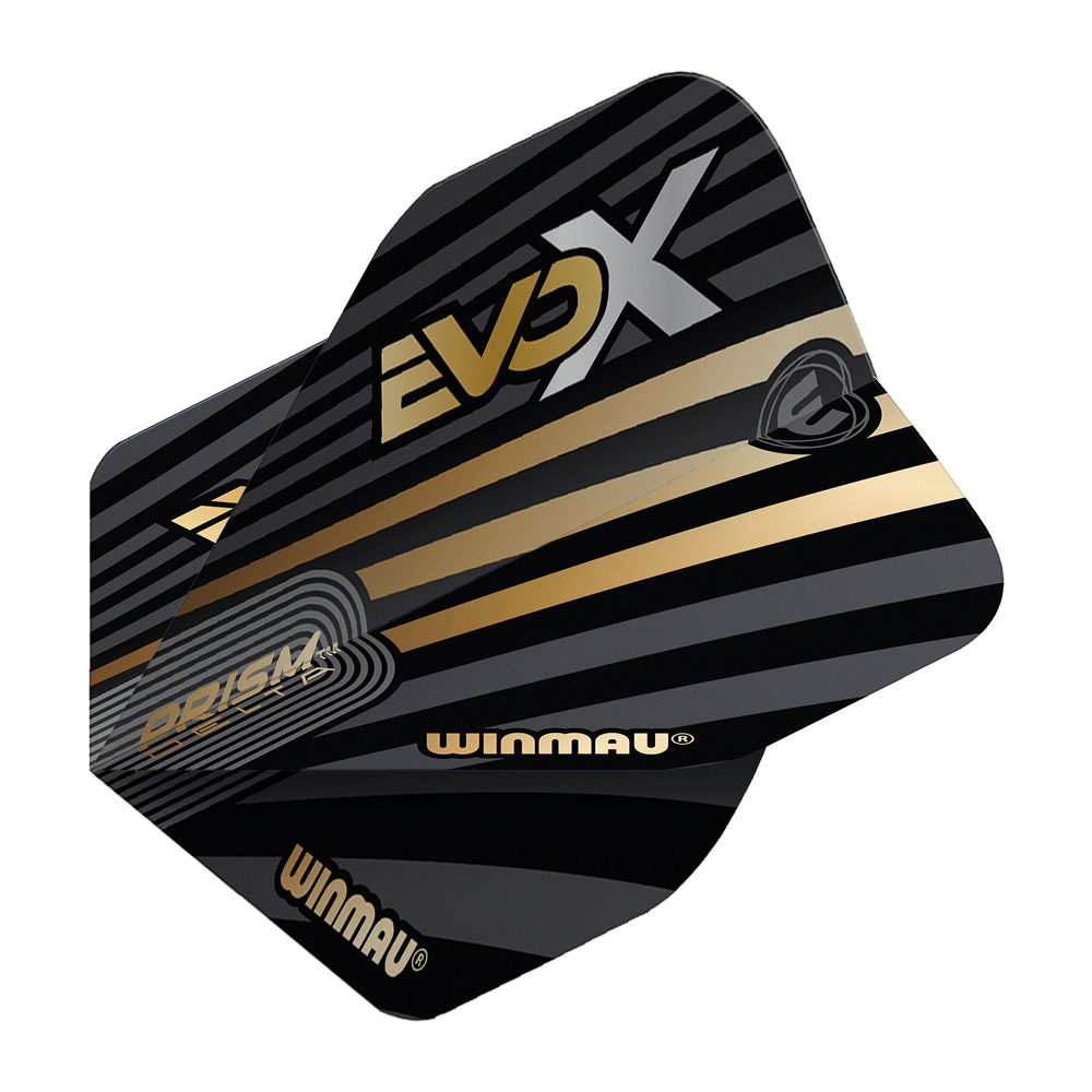 Winmau Prism Delta MvG Evo-X No2 Standard Flights Das Bild zeigt die Winmau Prism Delta MvG Evo-X No2 Standard Flights. Die Flights sind schwarz-gold gestaltet und mit den Aufschriften "EVO X", "WINMAU" und "PRISM DELTA" versehen.