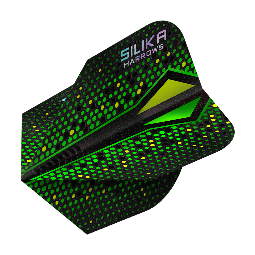 Harrows Silika Colourshift Tough Crystalline Coating Green-X No6 Flights Das Bild zeigt einen grünen Dartflight mit auffälligem Punktmuster und dem Aufdruck „SILIKA HARROWS“. Die Oberfläche hat eine schimmernde, kristallähnliche Beschichtung.