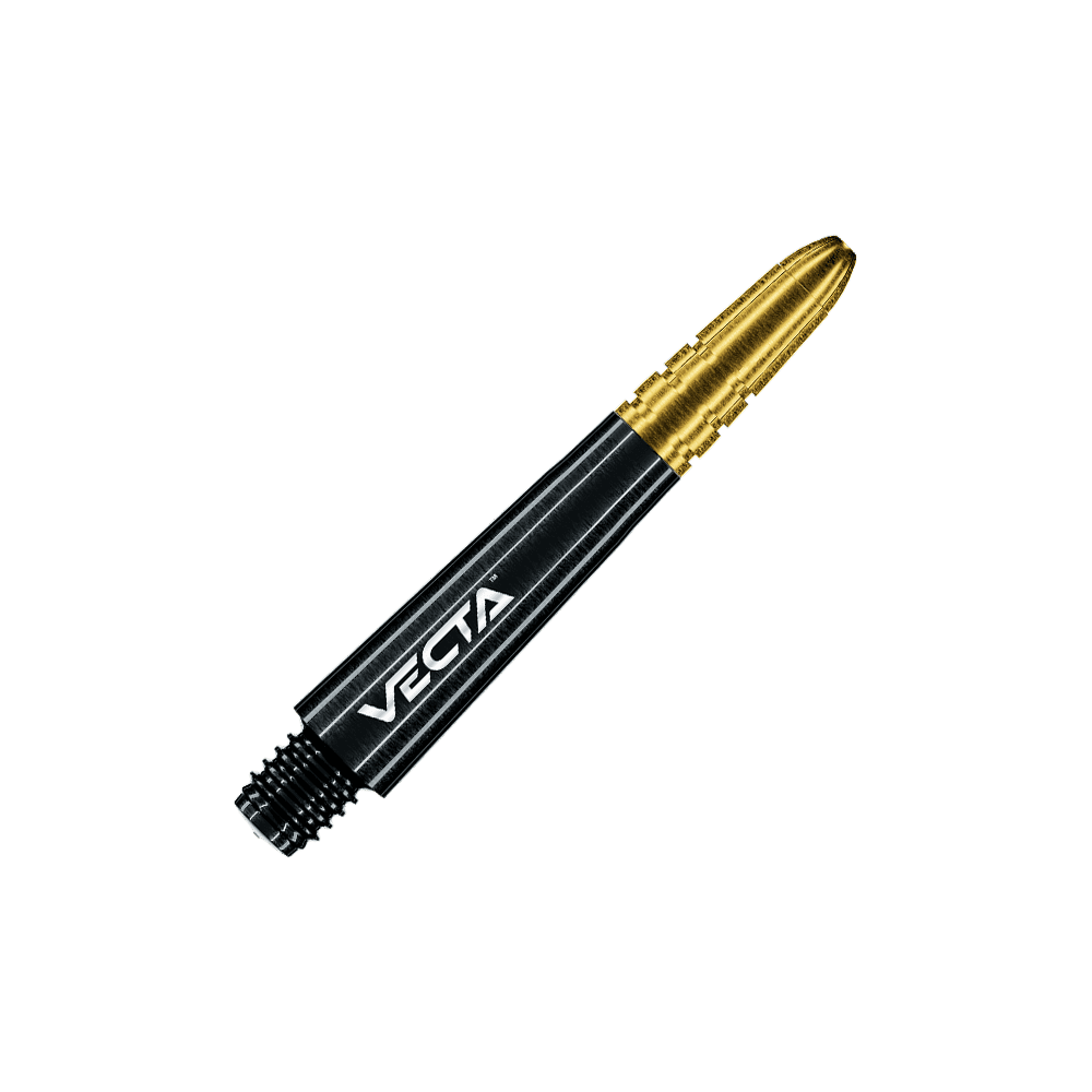 Das Bild zeigt einen Winmau Vecta Shaft in den Farben Schwarz und Gold. Auf dem Schaft steht der Schriftzug "VECTA".