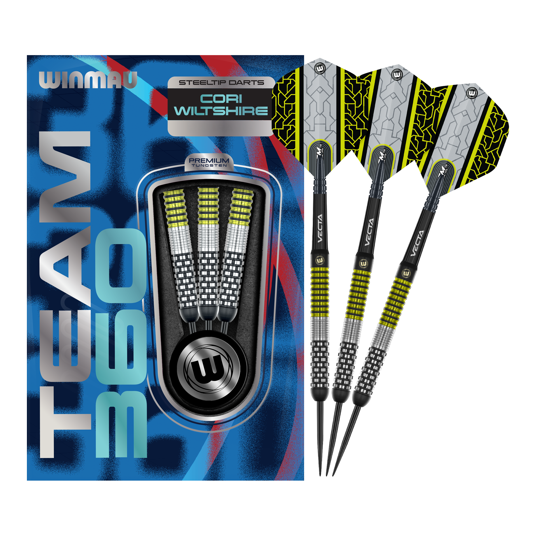Winmau Team 360 Cori Wiltshire Steeldarts - 24g Das Bild zeigt die Winmau Team 360 Cori Wiltshire Steeldarts mit 24 Gramm. Diese hochwertigen Steeldarts sind für professionelle Dartspieler geeignet.