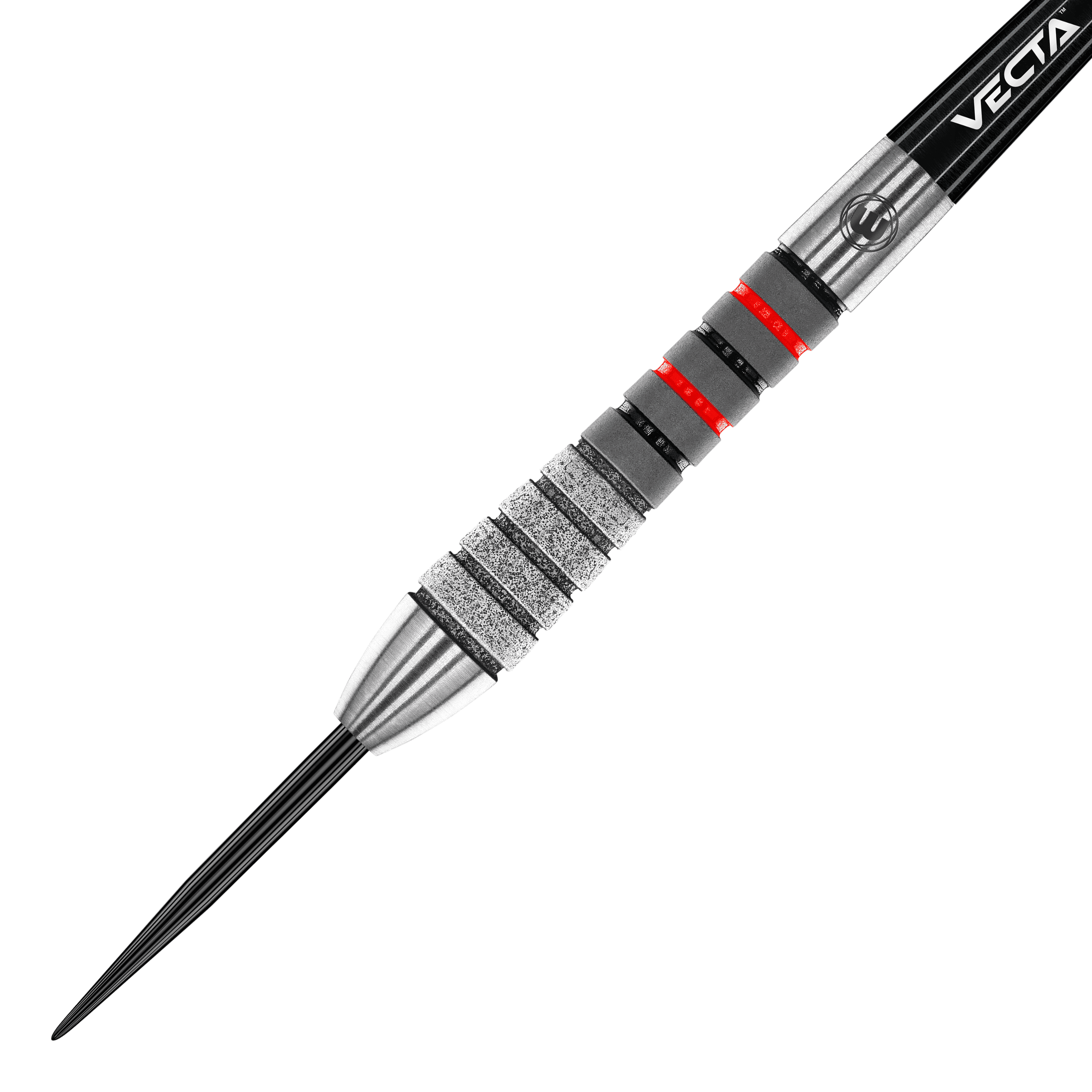 Dies ist ein Winmau Dennis Priestley Diamond 3-Zero Steeldart. Der Dartpfeil hat eine silberne Spitze und einen strukturierten Griff mit roten und schwarzen Akzenten.