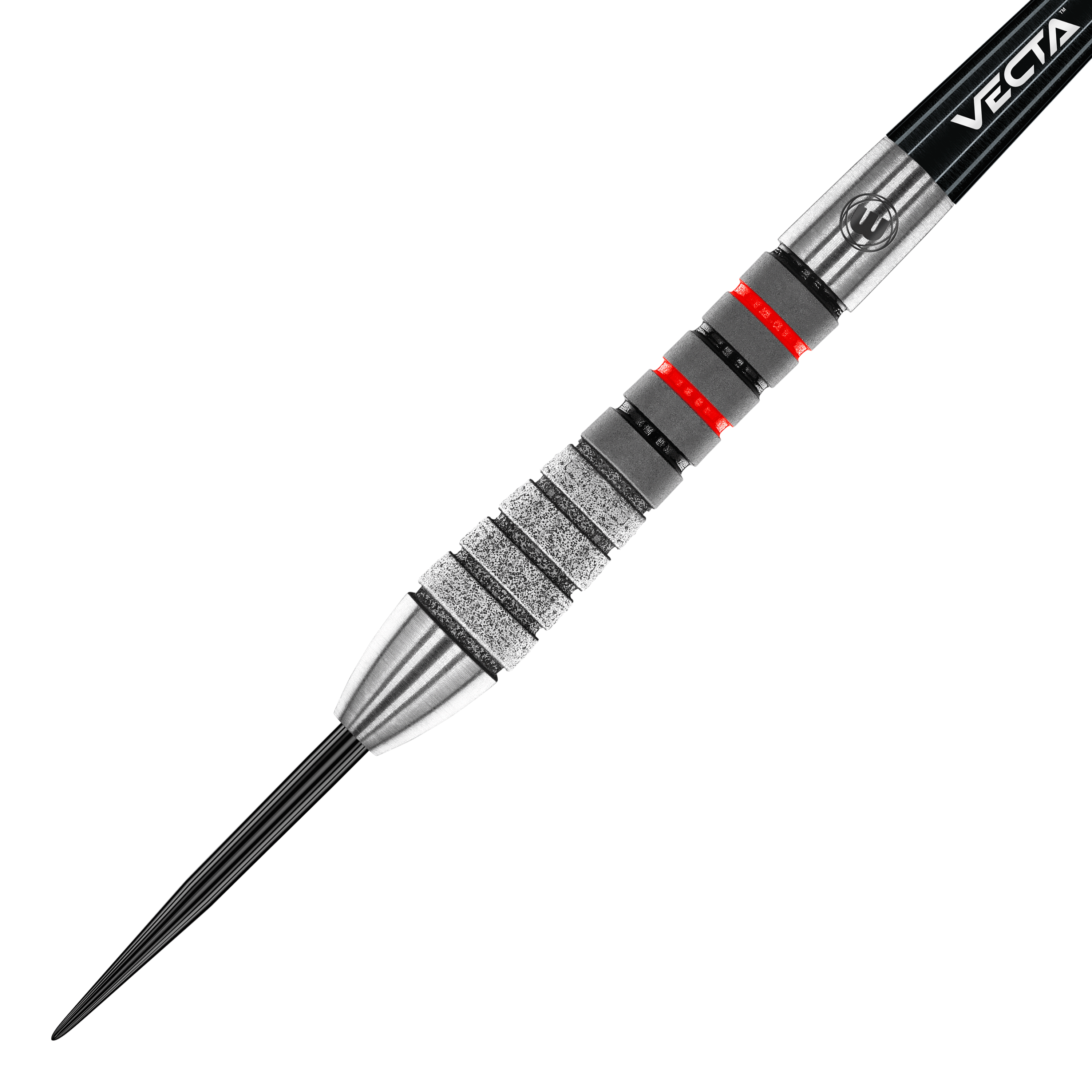 Winmau Dennis Priestley Diamond 3-Zero Steeldarts Dies ist ein Winmau Dennis Priestley Diamond 3-Zero Steeldart. Der Dartpfeil hat eine silberne Spitze und einen strukturierten Griff mit roten und schwarzen Akzenten.