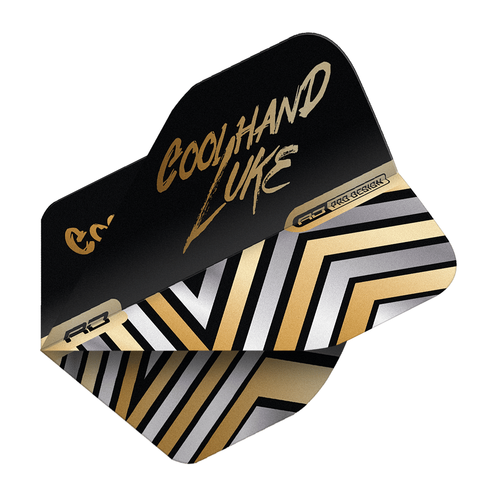 Das Bild zeigt ein Dart-Flight mit dem Aufdruck "COOL HAND LUKE" in goldener Schrift. Das Design ist schwarz-gold mit modernen, geometrischen Linien.