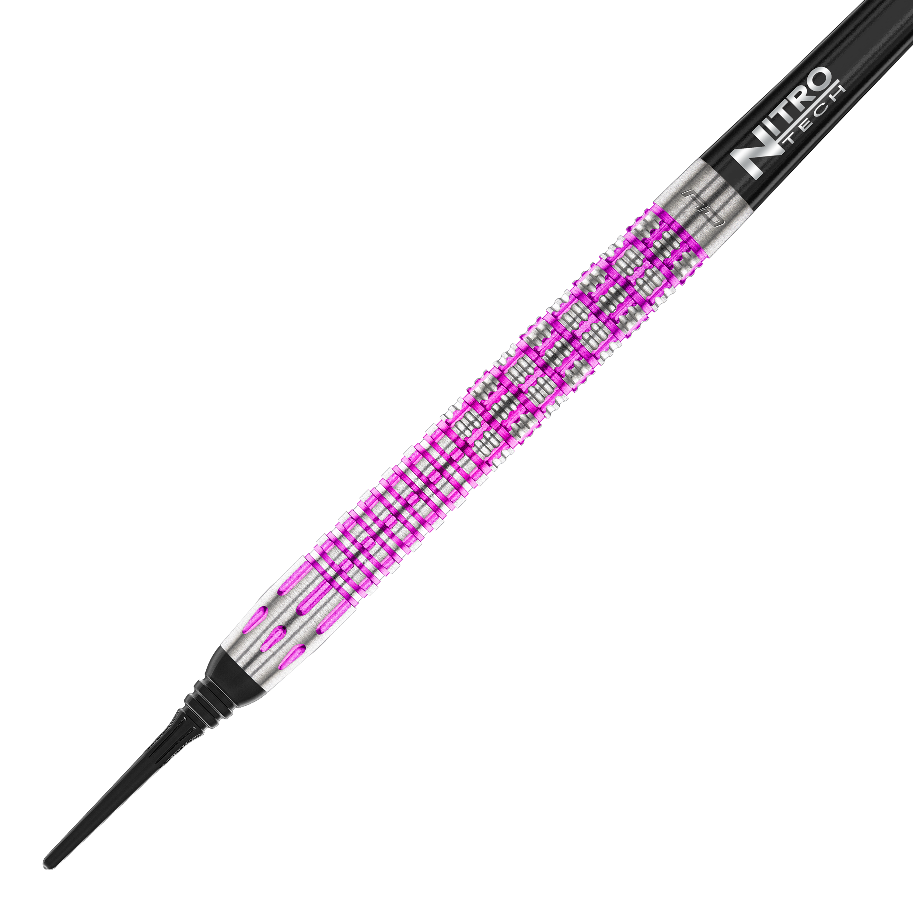 Red Dragon Tyrian Softdarts - 22g Das Bild zeigt einen Red Dragon Tyrian Softdart mit einem Gewicht von 22g. Der Dart hat ein auffälliges Muster in Silber und Pink am Griff.