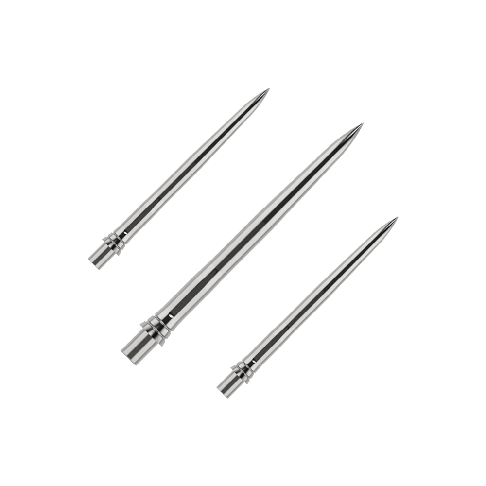 Caliburn EVO Dartspitzen - Smooth - Silver Das Bild zeigt silberne Dartspitzen mit einer glatten Oberfläche, wahrscheinlich aus Metall. Die Dartspitzen sind 28mm lang und werden als Set präsentiert.