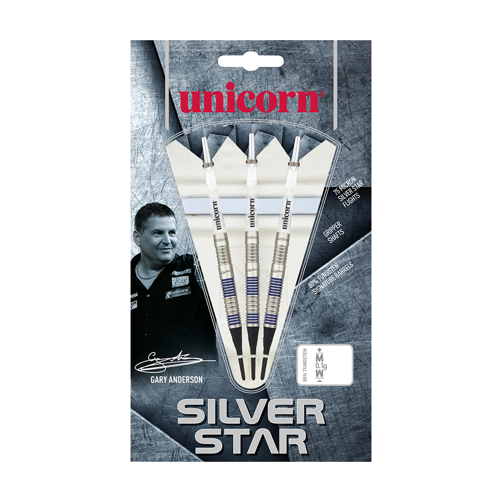 Das Bild zeigt die Softdarts "Unicorn Silver Star Var.1 Gary Anderson" in ihrer Verpackung. Auf der Verpackung sind drei Darts zu sehen sowie ein Bild von Gary Anderson.