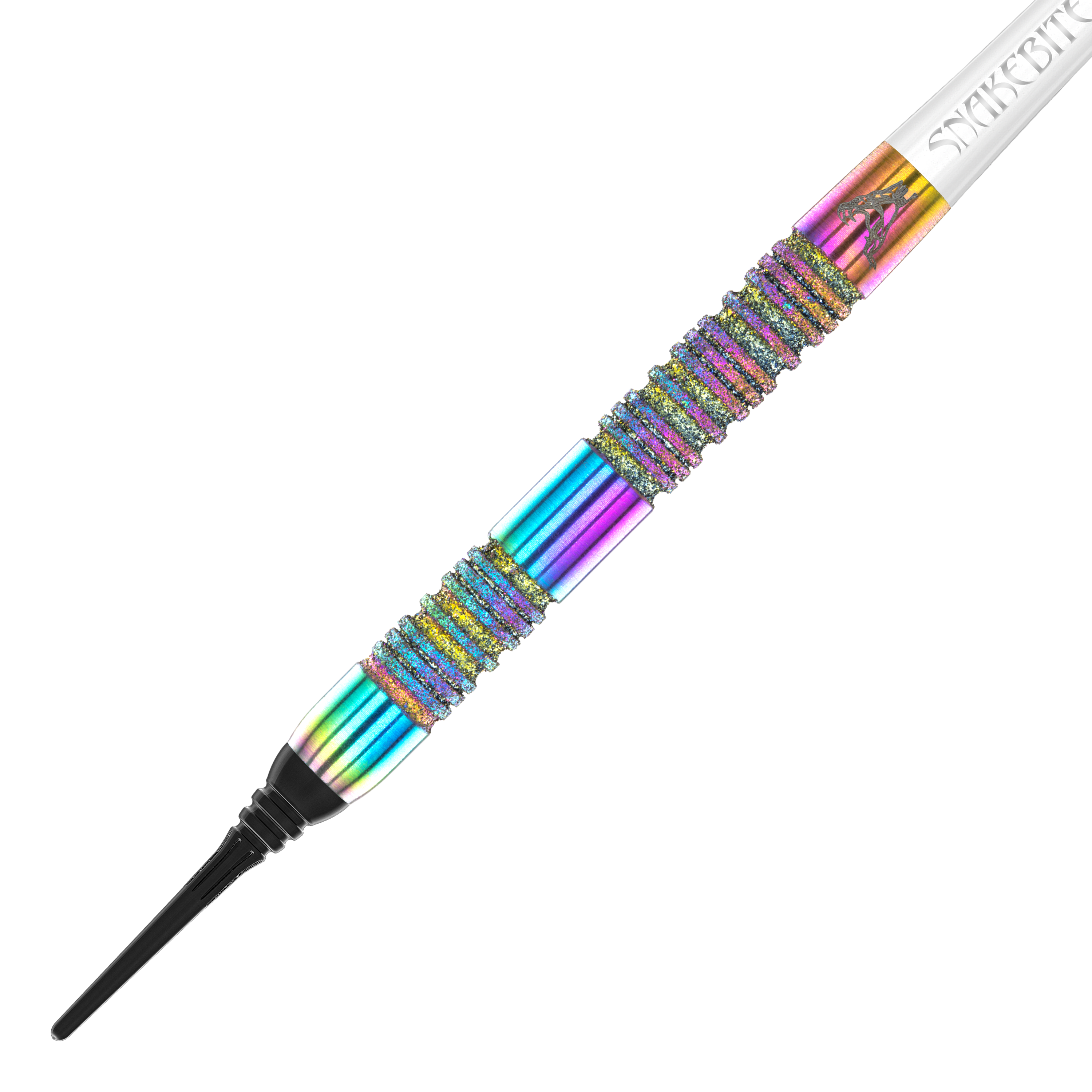 Das Bild zeigt den Red Dragon Peter Wright Diamond Fusion Spectron SE Softdart mit einem Gewicht von 20g. Der Dart ist bunt schimmernd und hat eine auffällige, strukturierte Griffzone.