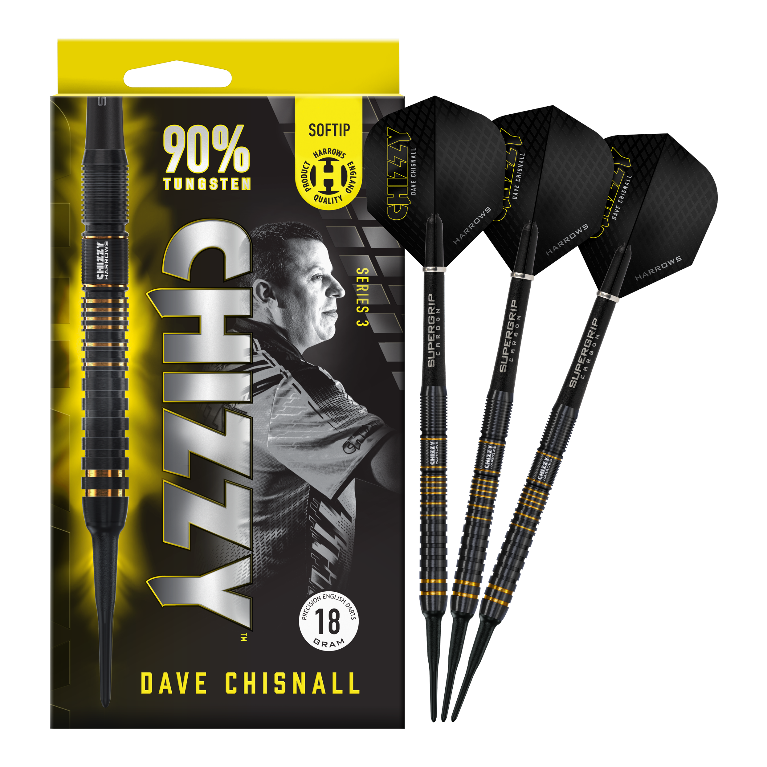 Harrows Dave Chisnall Chizzy Series 3 Softdarts Das Bild zeigt eine Packung der "Harrows Dave Chisnall Chizzy Series 3 Softdarts" mit drei schwarzen Softdarts daneben. Auf der Verpackung steht, dass die Darts zu 90% aus Tungsten bestehen und 18 Gramm wiegen.