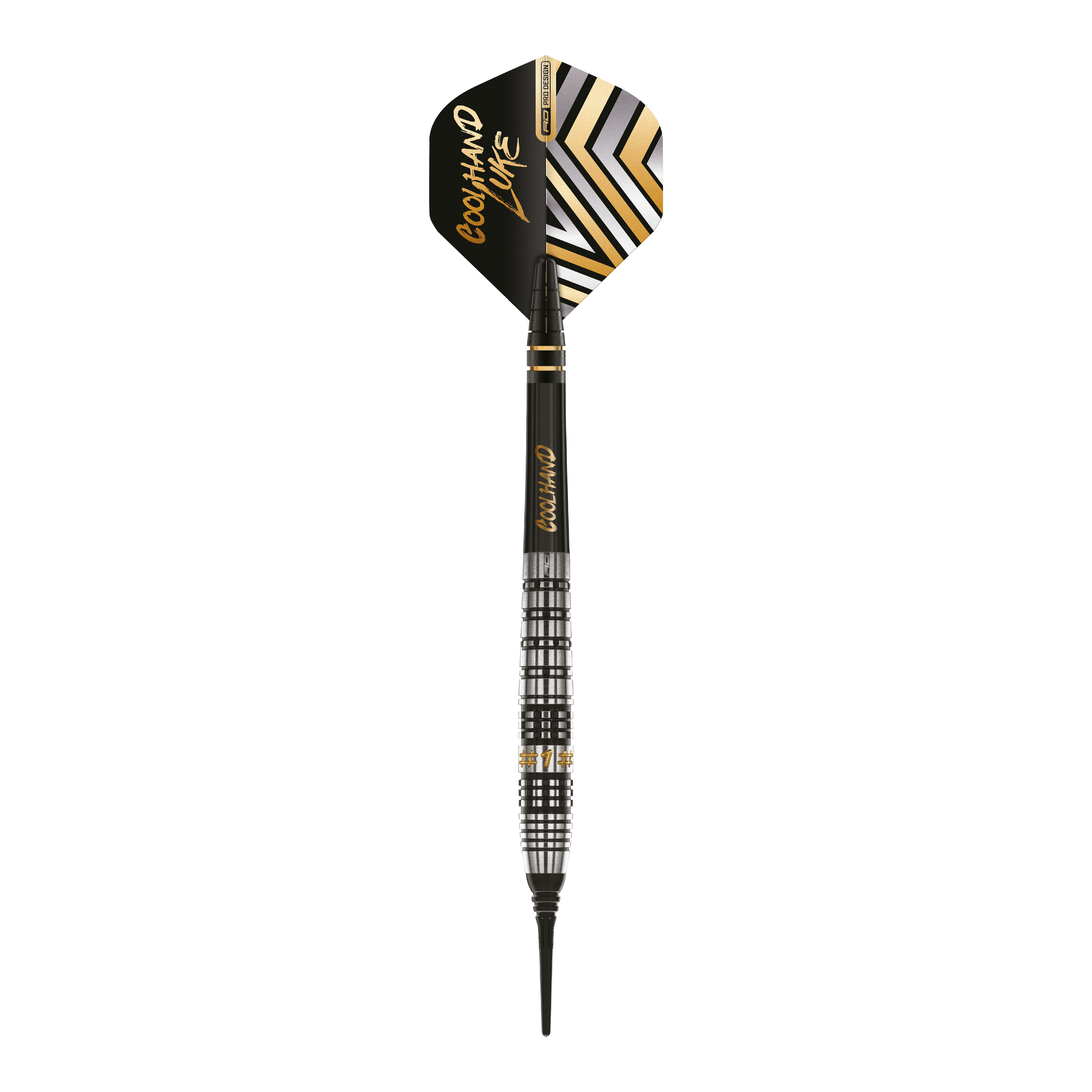 Red Dragon Luke Humphries Prestige Softdarts - 20g Das Bild zeigt einen Red Dragon Luke Humphries Prestige Softdart mit einem Gewicht von 20g. Der Dart hat ein modernes schwarzes und silbernes Design mit goldenen Akzenten und der Aufschrift "COOL HAND LUKE" auf dem Flight.